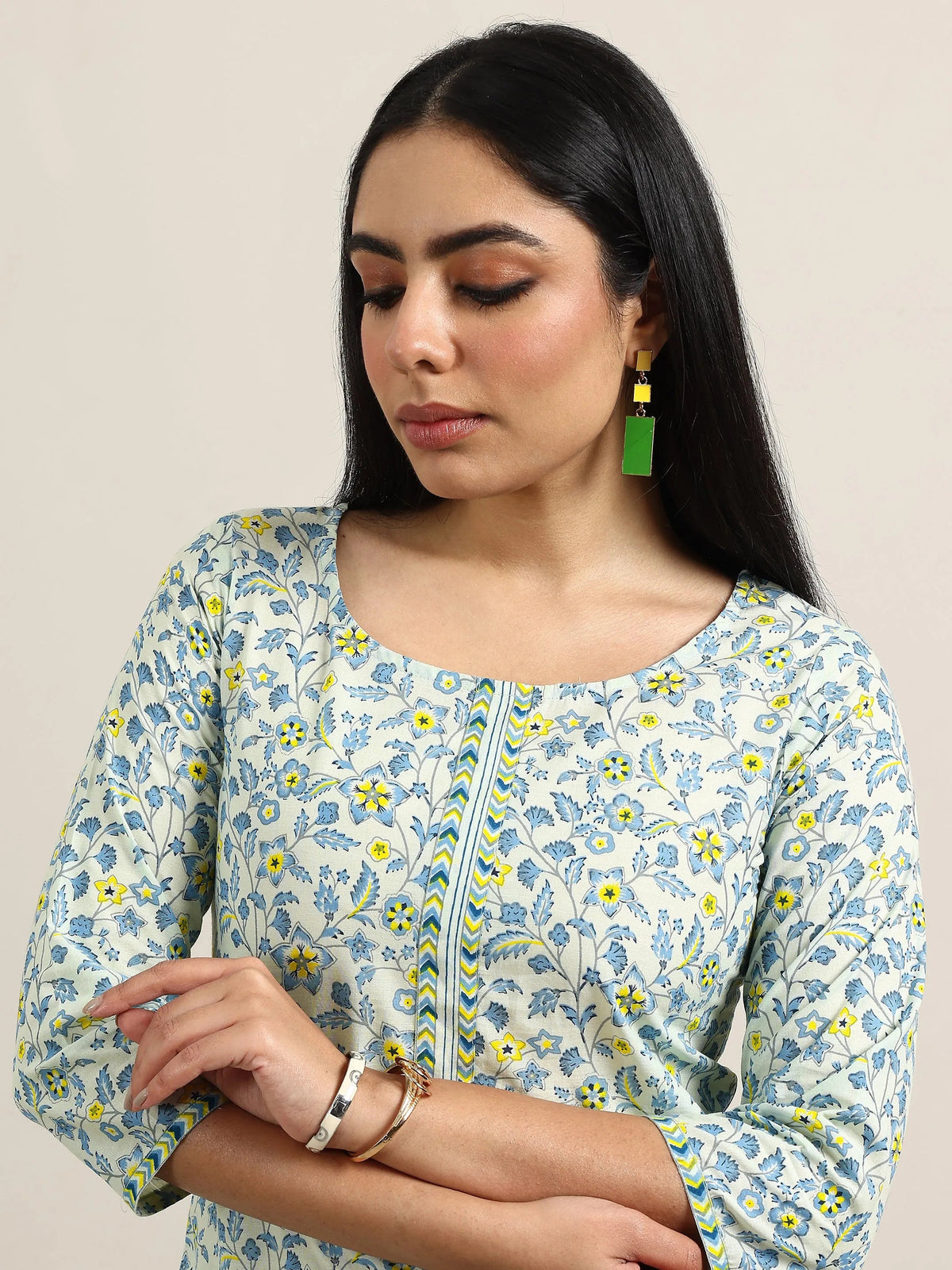 Anouk Blue Printed Cotton Straight Suit With Dupatta