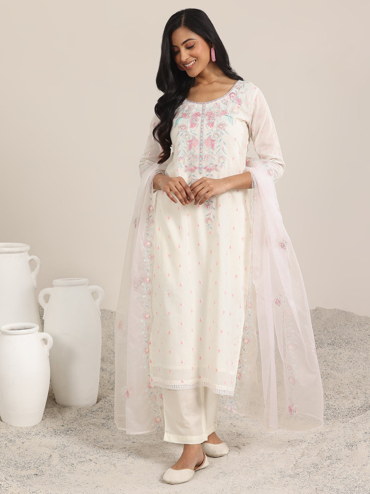 Anouk Off White Embroidered Cotton Straight Suit With Dupatta
