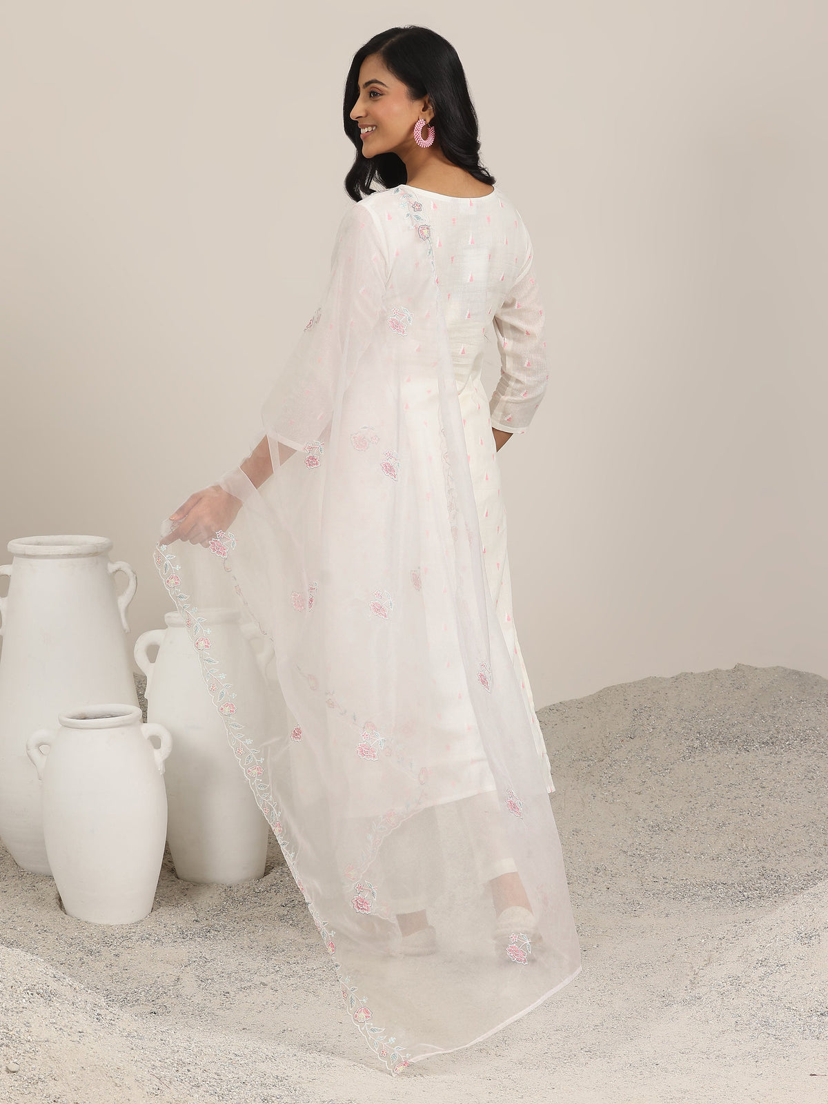 Anouk Off White Embroidered Cotton Straight Suit With Dupatta