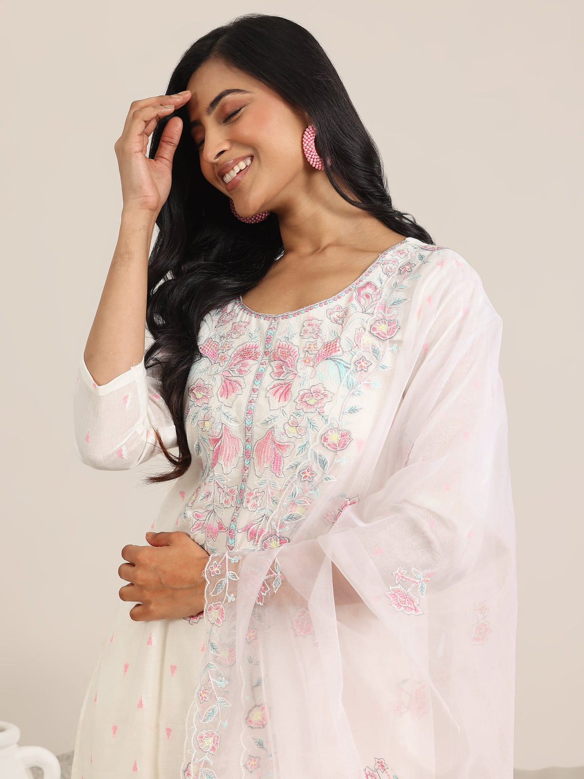 Anouk Off White Embroidered Cotton Straight Suit With Dupatta