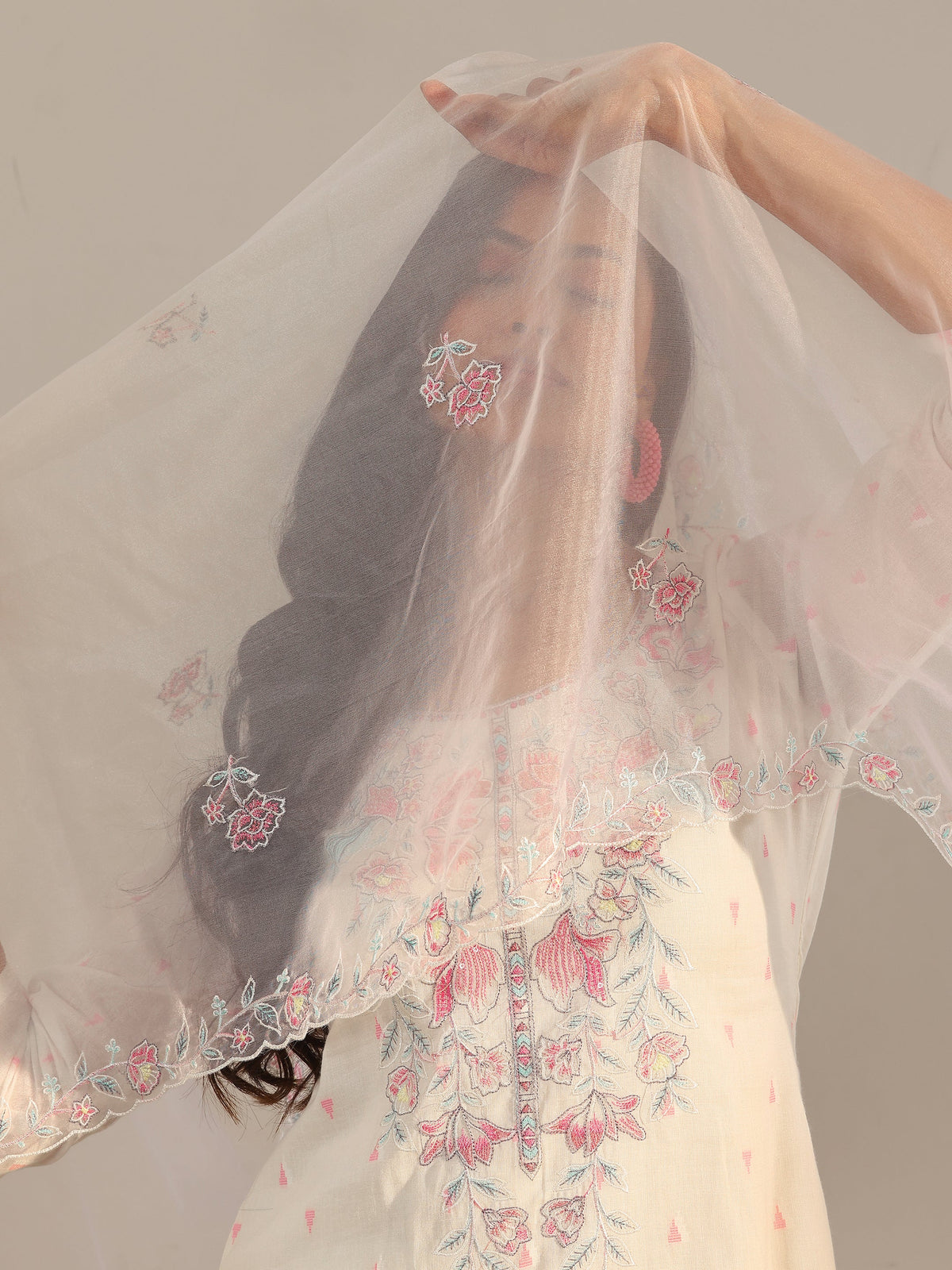 Anouk Off White Embroidered Cotton Straight Suit With Dupatta