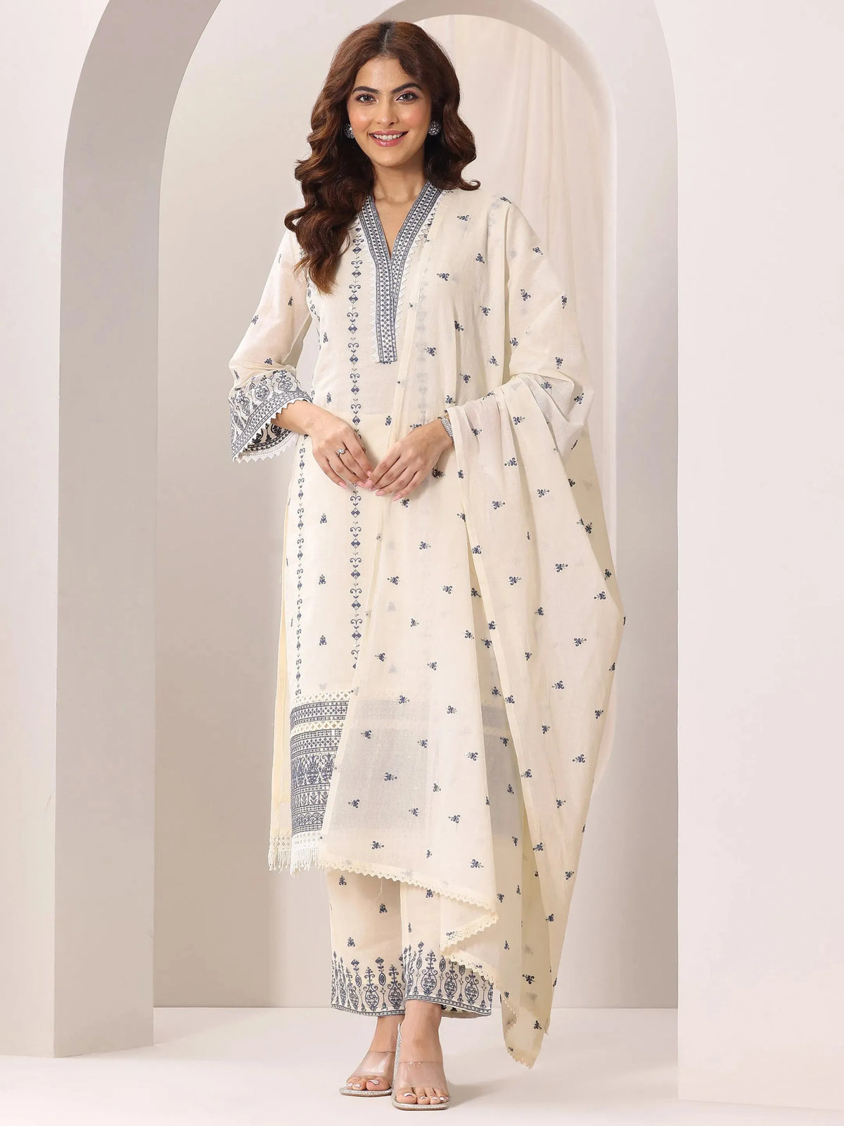Anouk Off White Embroidered Cotton Straight Suit Set With Dupatta