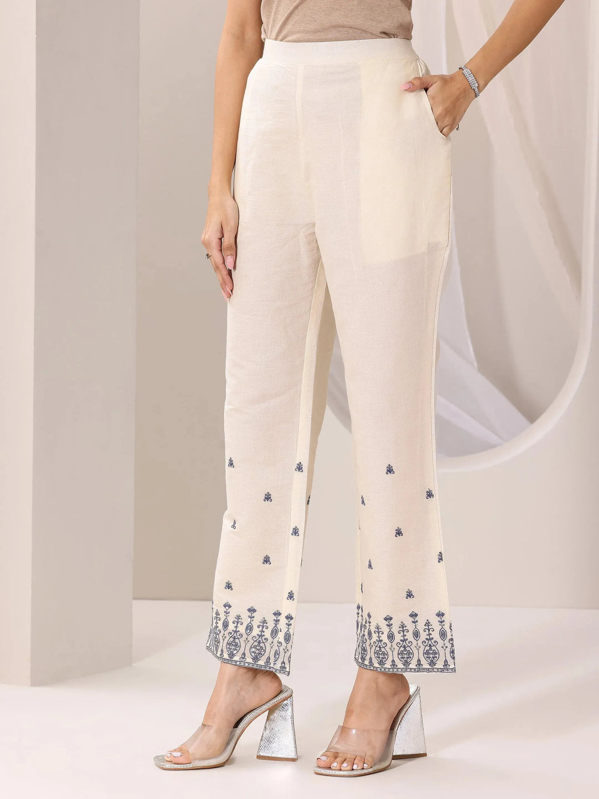 Anouk Off White Embroidered Cotton Straight Suit Set With Dupatta