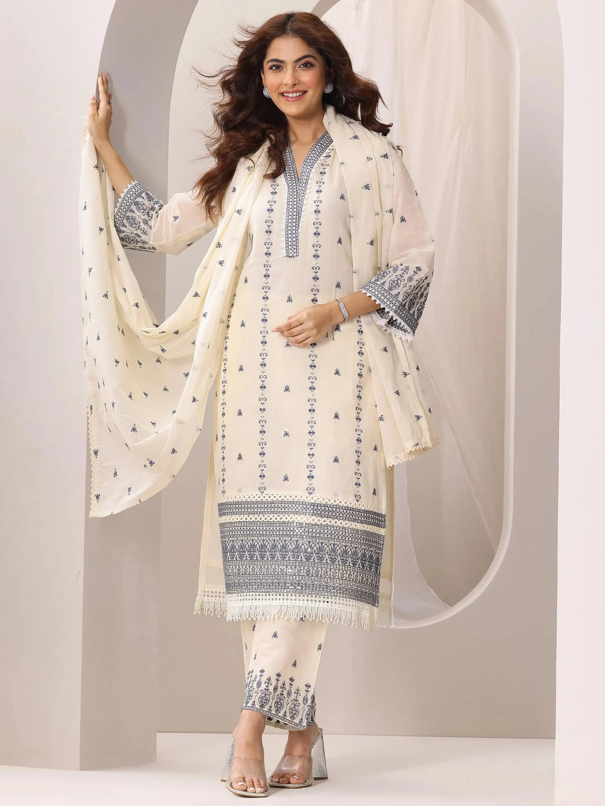 Anouk Off White Embroidered Cotton Straight Suit Set With Dupatta