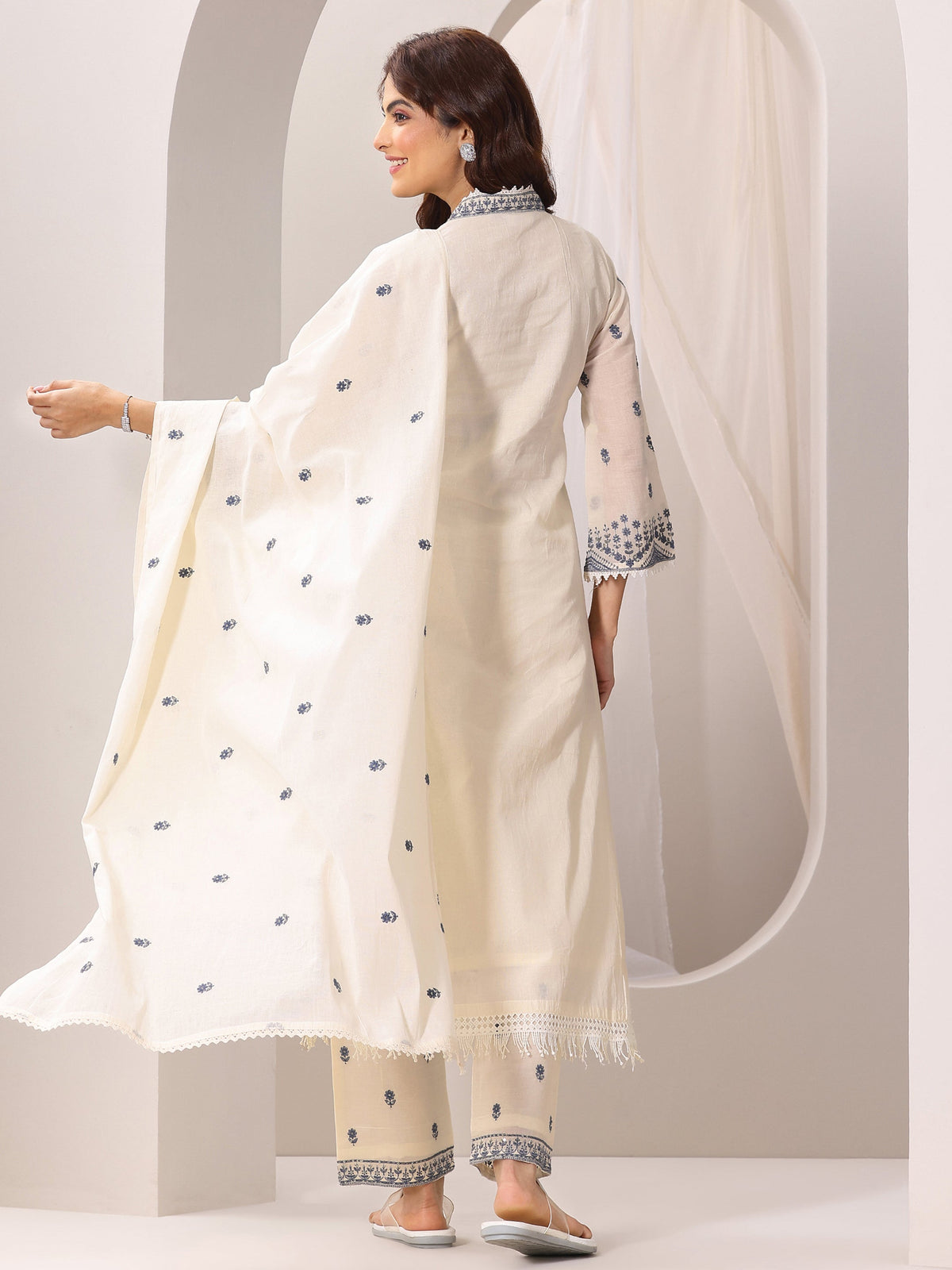 Anouk Off White Embroidered Cotton Straight Suit Set With Dupatta