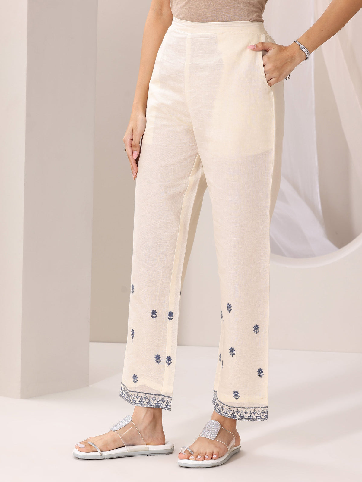 Anouk Off White Embroidered Cotton Straight Suit Set With Dupatta