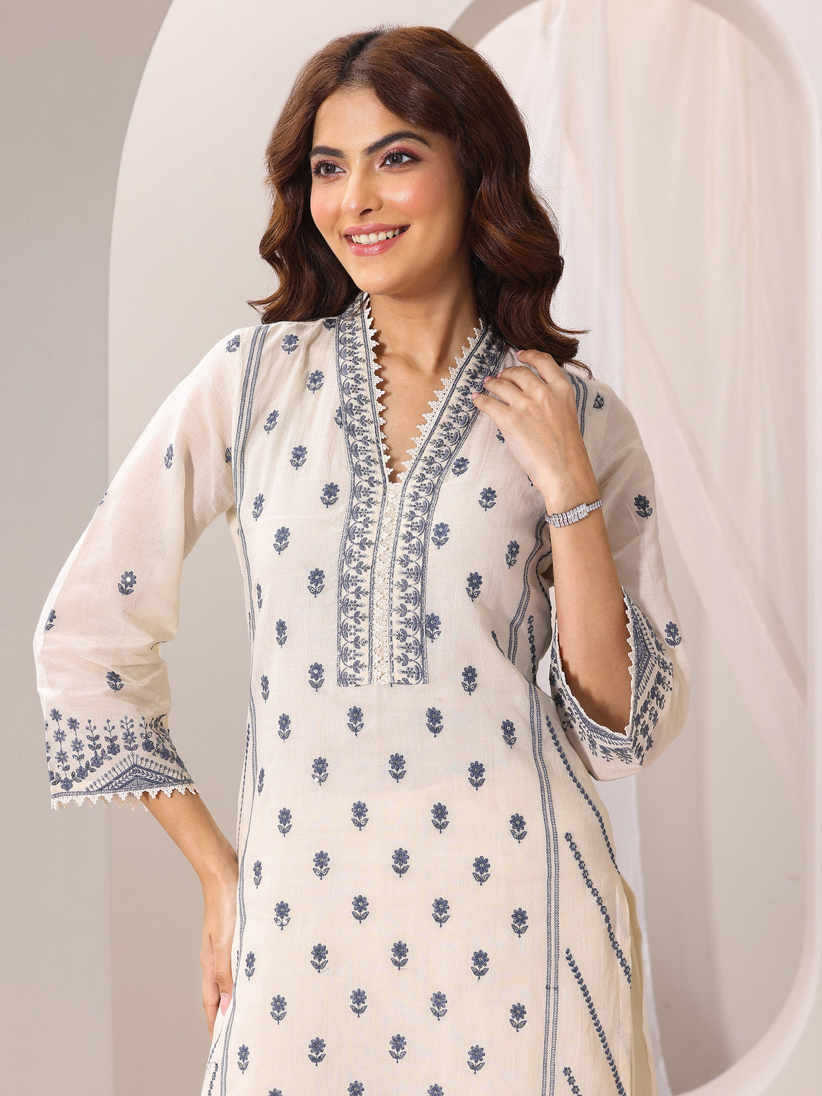 Anouk Off White Embroidered Cotton Straight Suit Set With Dupatta