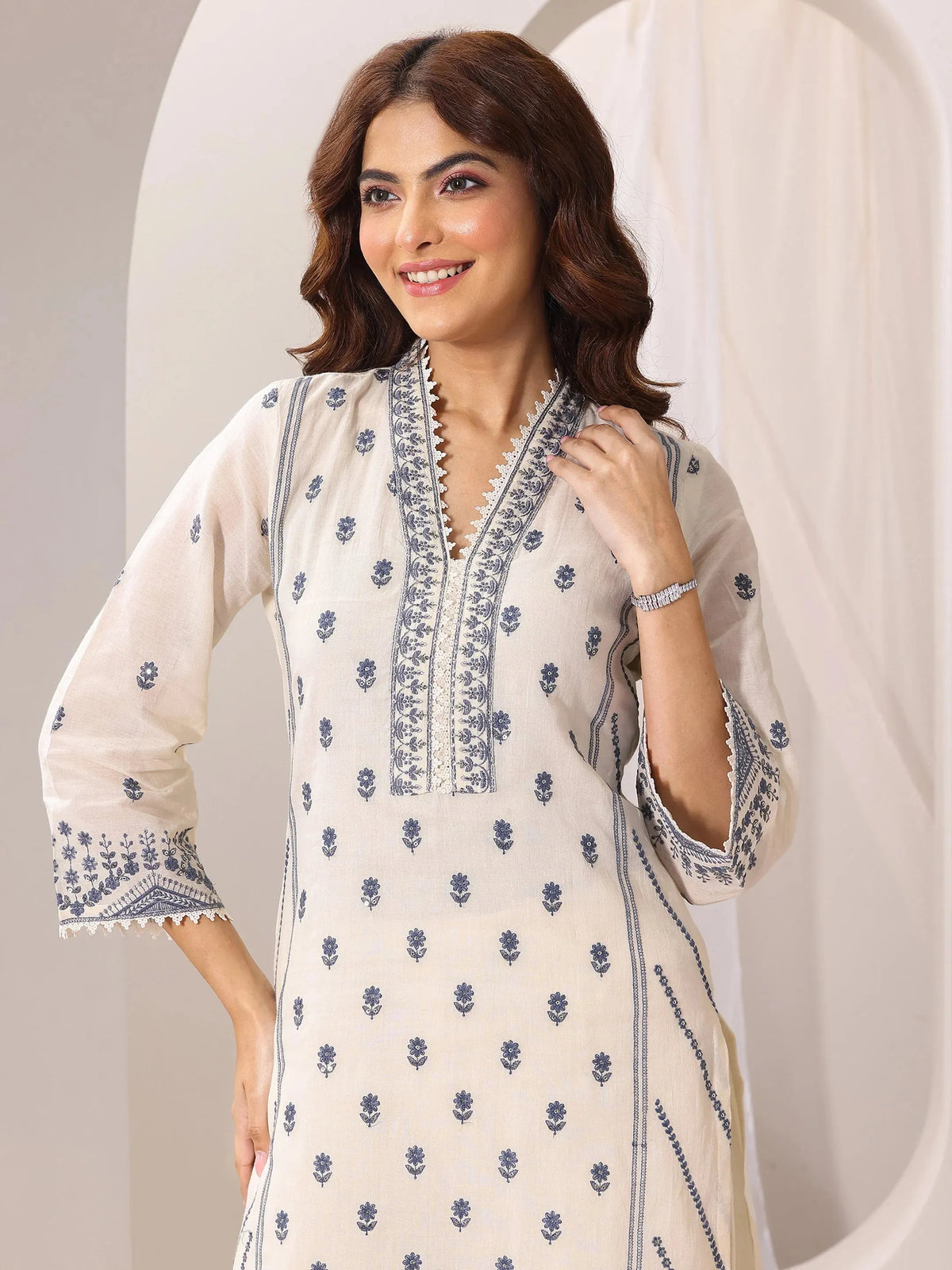 Anouk Off White Embroidered Cotton Straight Suit Set With Dupatta