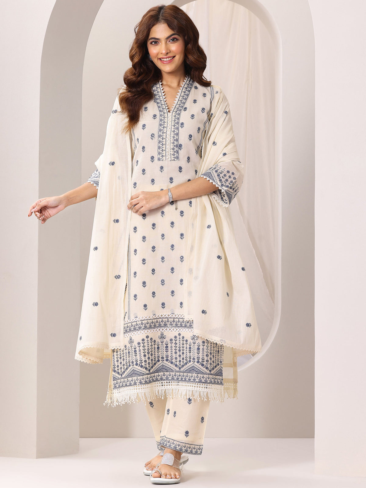 Anouk Off White Embroidered Cotton Straight Suit Set With Dupatta