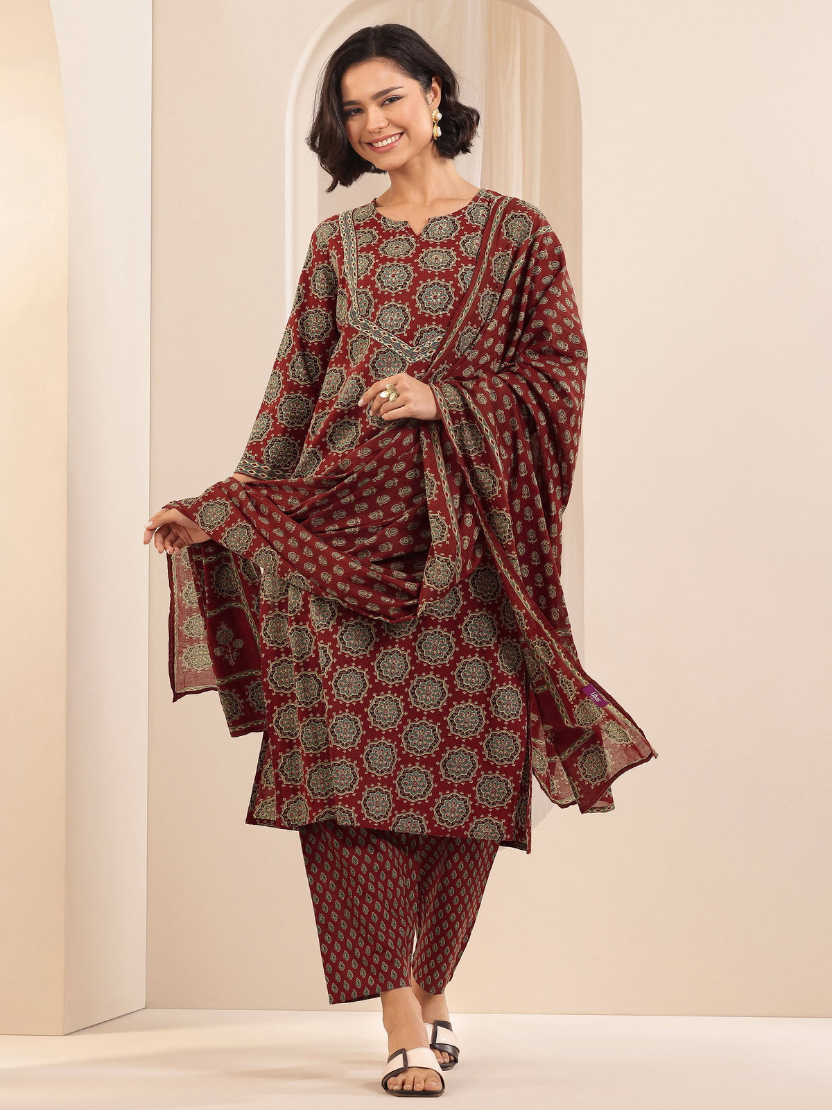 Anouk Rust Printed Cotton Straight Suit Sets With Dupatta