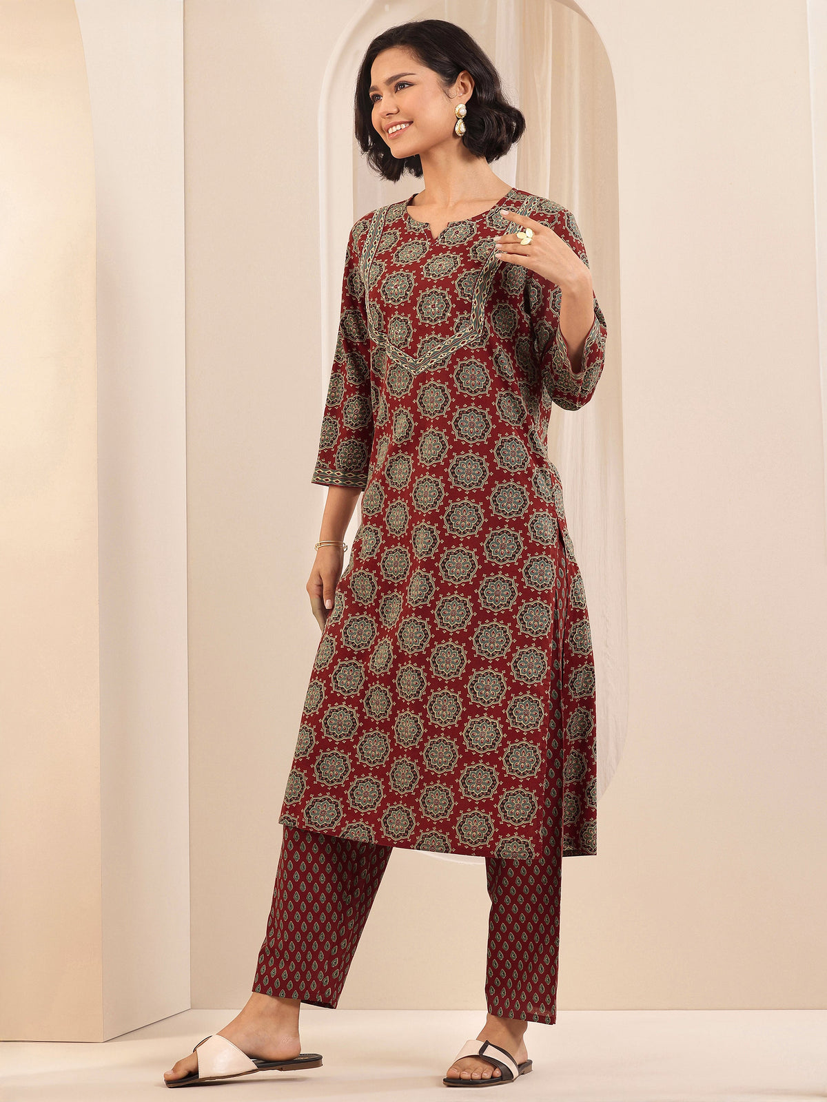 Anouk Rust Printed Cotton Straight Suit Sets With Dupatta