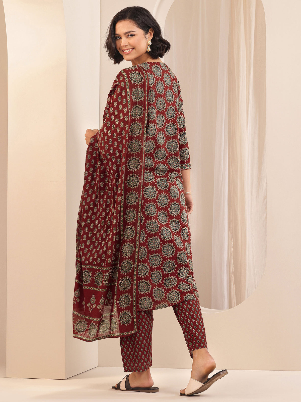 Anouk Rust Printed Cotton Straight Suit Sets With Dupatta