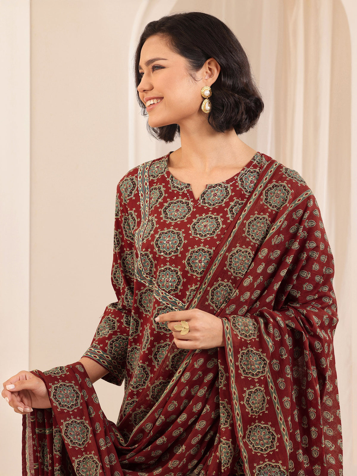 Anouk Rust Printed Cotton Straight Suit Sets With Dupatta