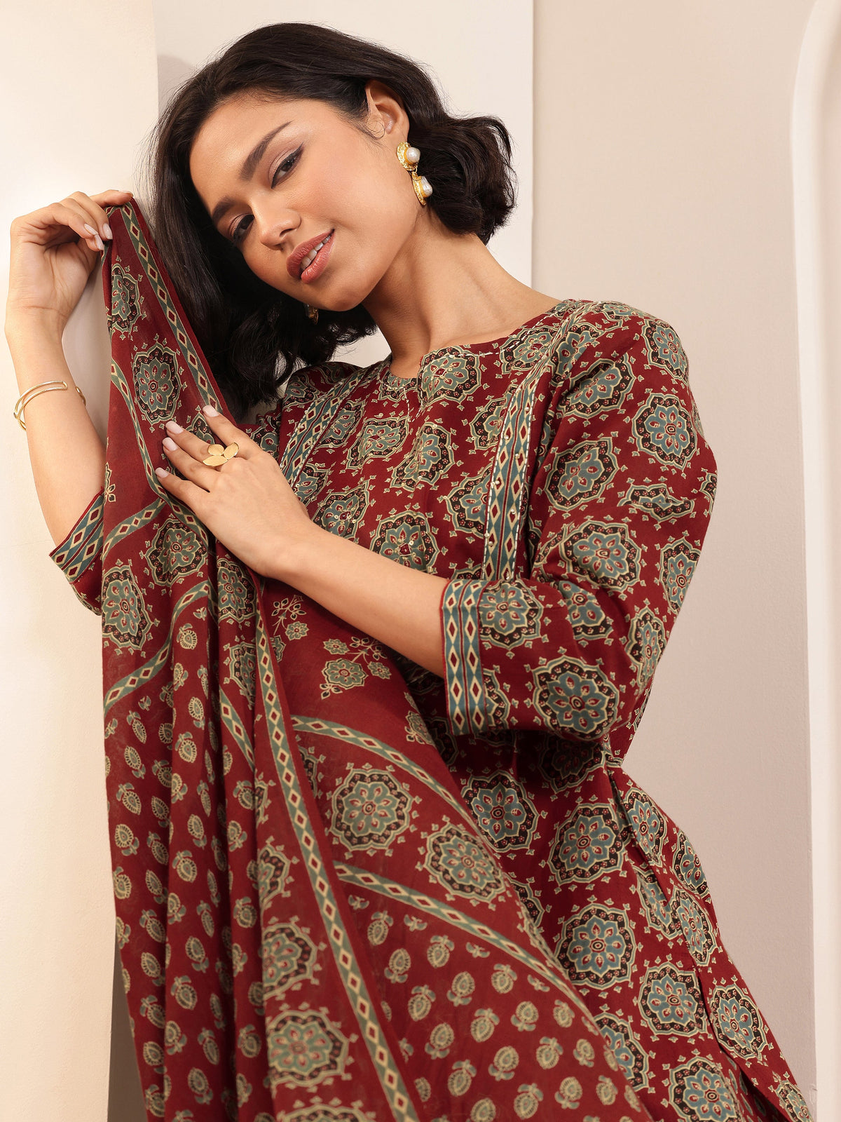 Anouk Rust Printed Cotton Straight Suit Sets With Dupatta
