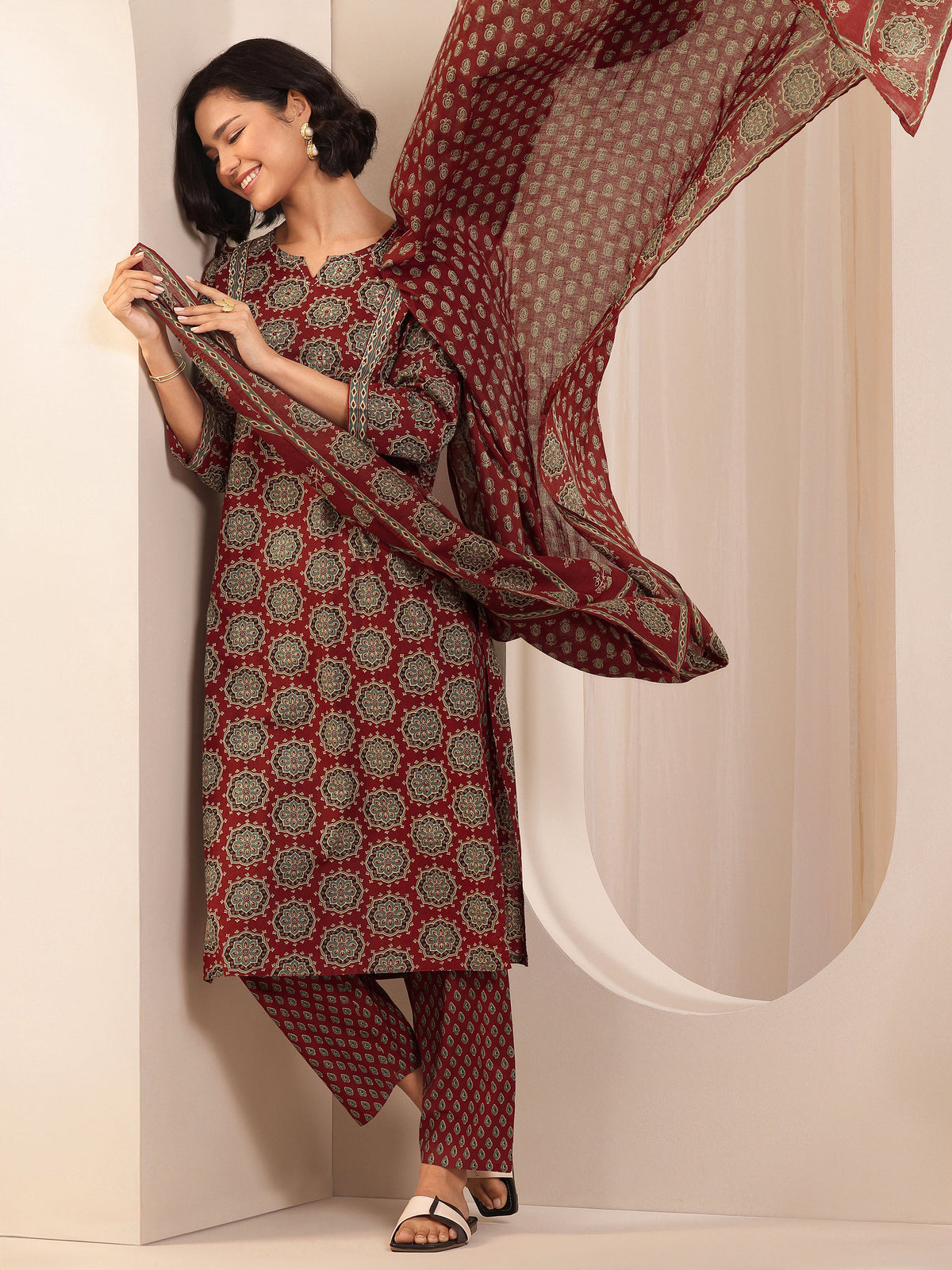 Anouk Rust Printed Cotton Straight Suit Sets With Dupatta