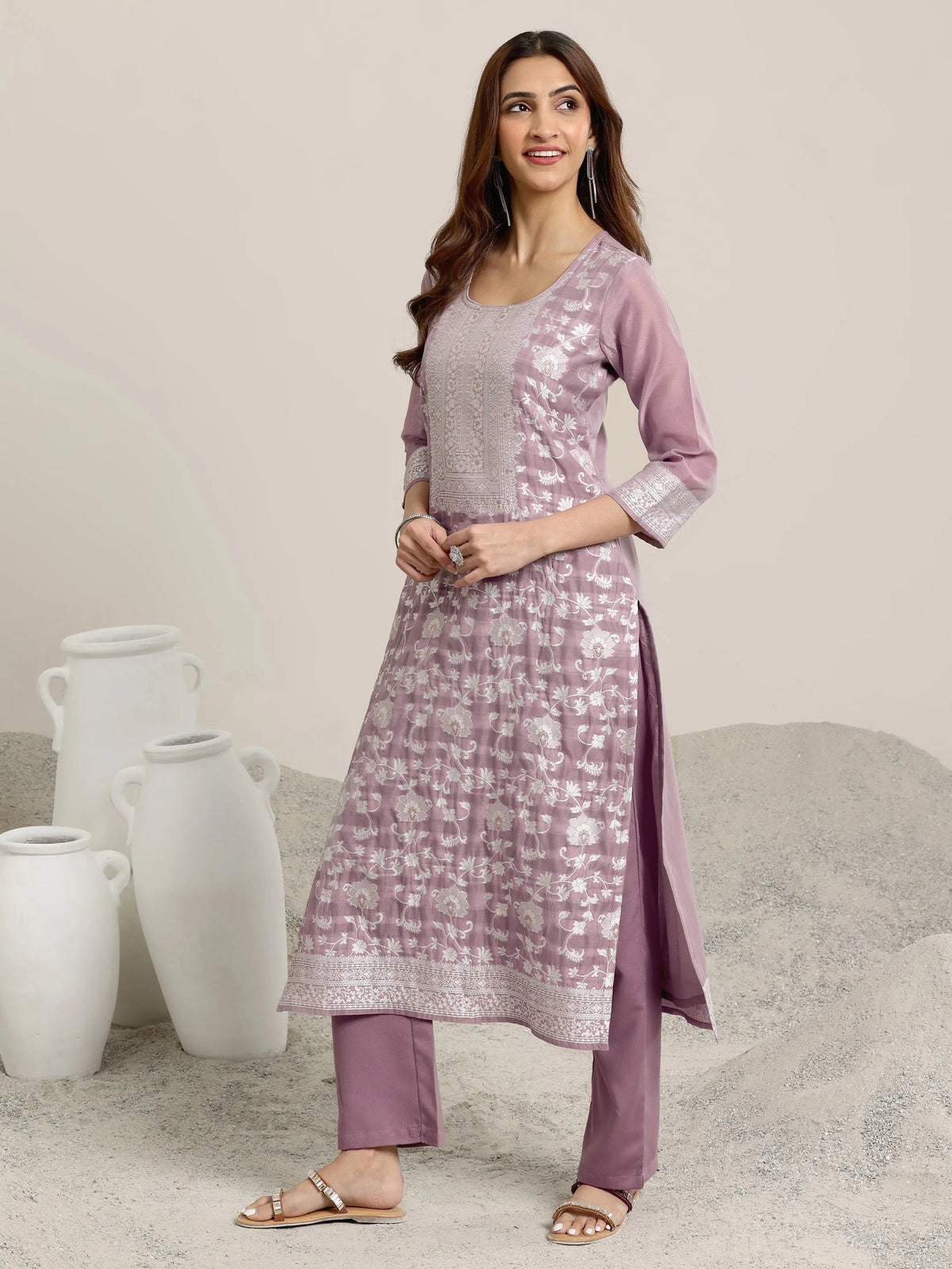 Anouk Mauve Woven Design Chanderi Silk Straight  Suits With Dupatta