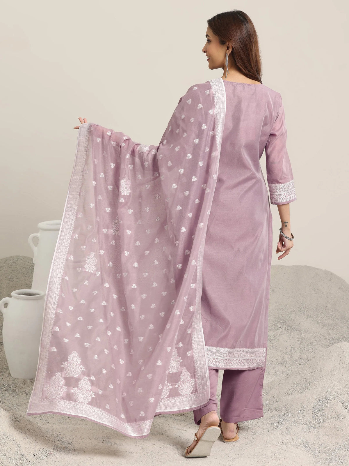 Anouk Mauve Woven Design Chanderi Silk Straight  Suits With Dupatta