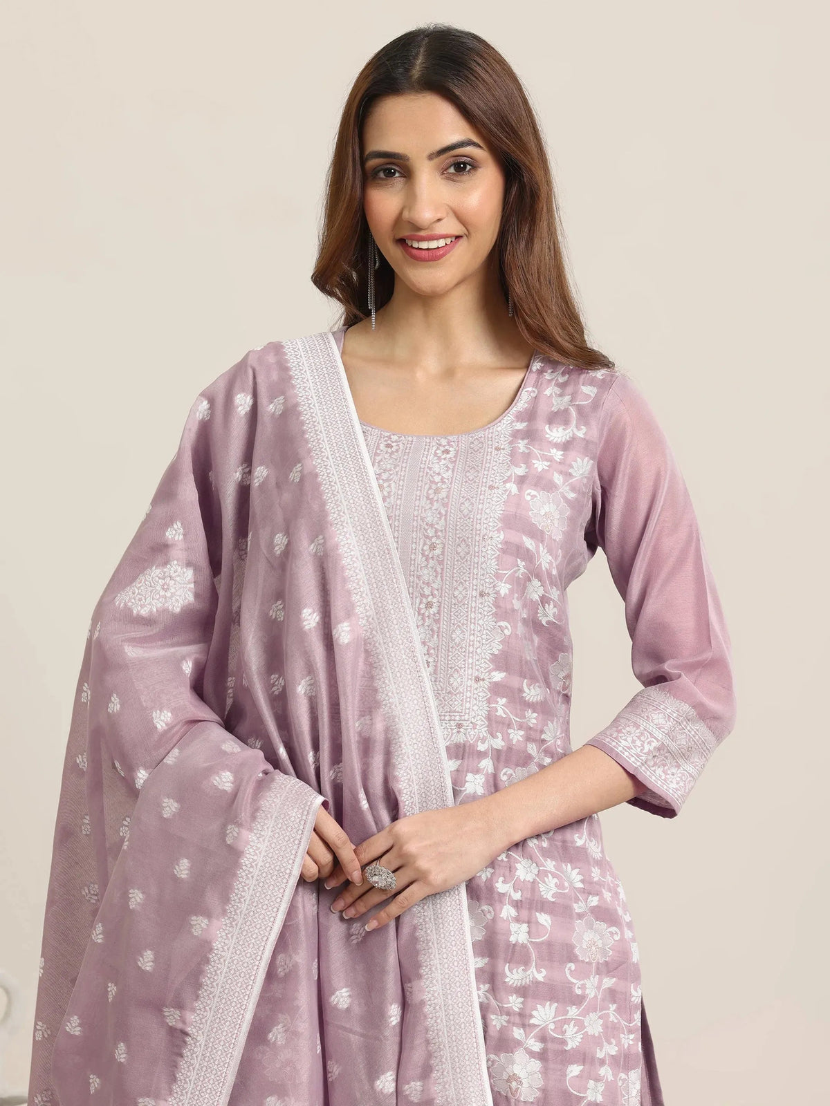Anouk Mauve Woven Design Chanderi Silk Straight  Suits With Dupatta