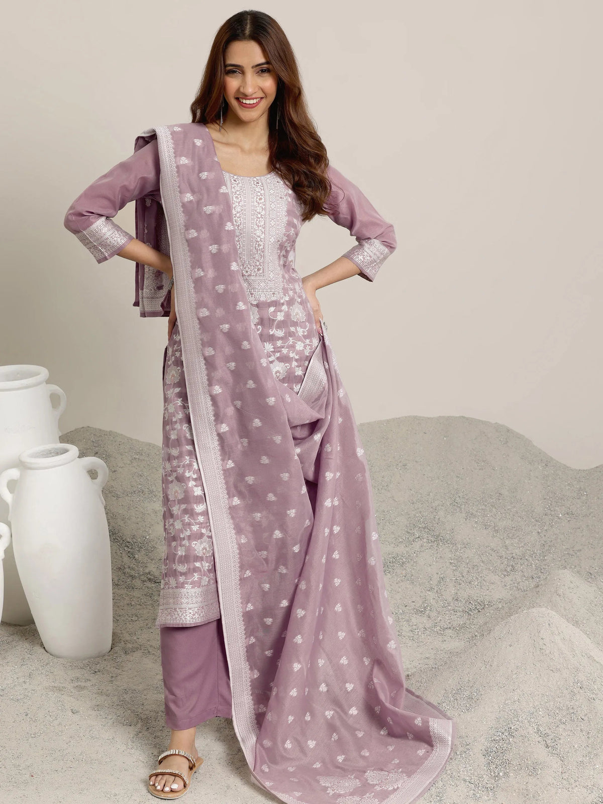 Anouk Mauve Woven Design Chanderi Silk Straight  Suits With Dupatta