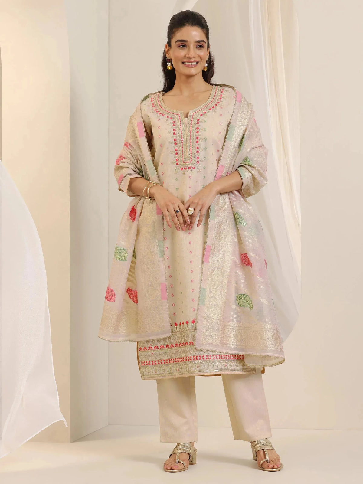 Anouk Off White Woven Design Chanderi Silk Straight Suit Set With Dupatta