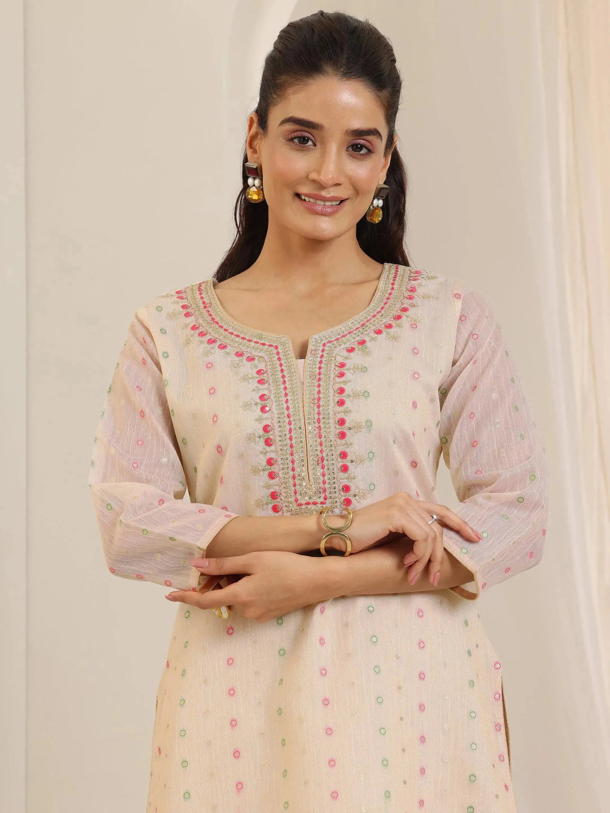 Anouk Off White Woven Design Chanderi Silk Straight Suit Set With Dupatta
