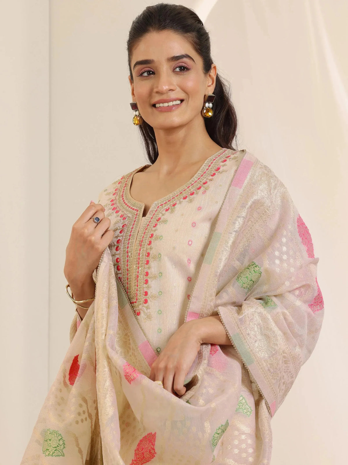 Anouk Off White Woven Design Chanderi Silk Straight Suit Set With Dupatta