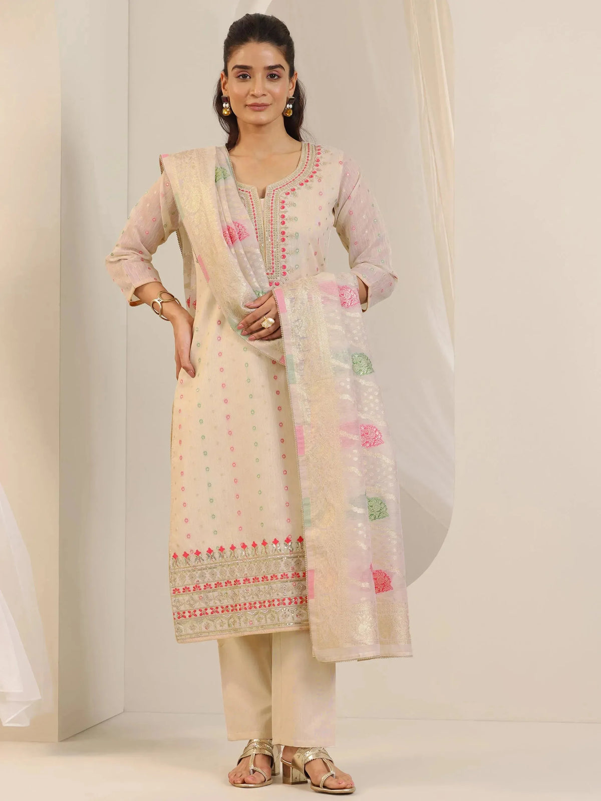 Anouk Off White Woven Design Chanderi Silk Straight Suit Set With Dupatta