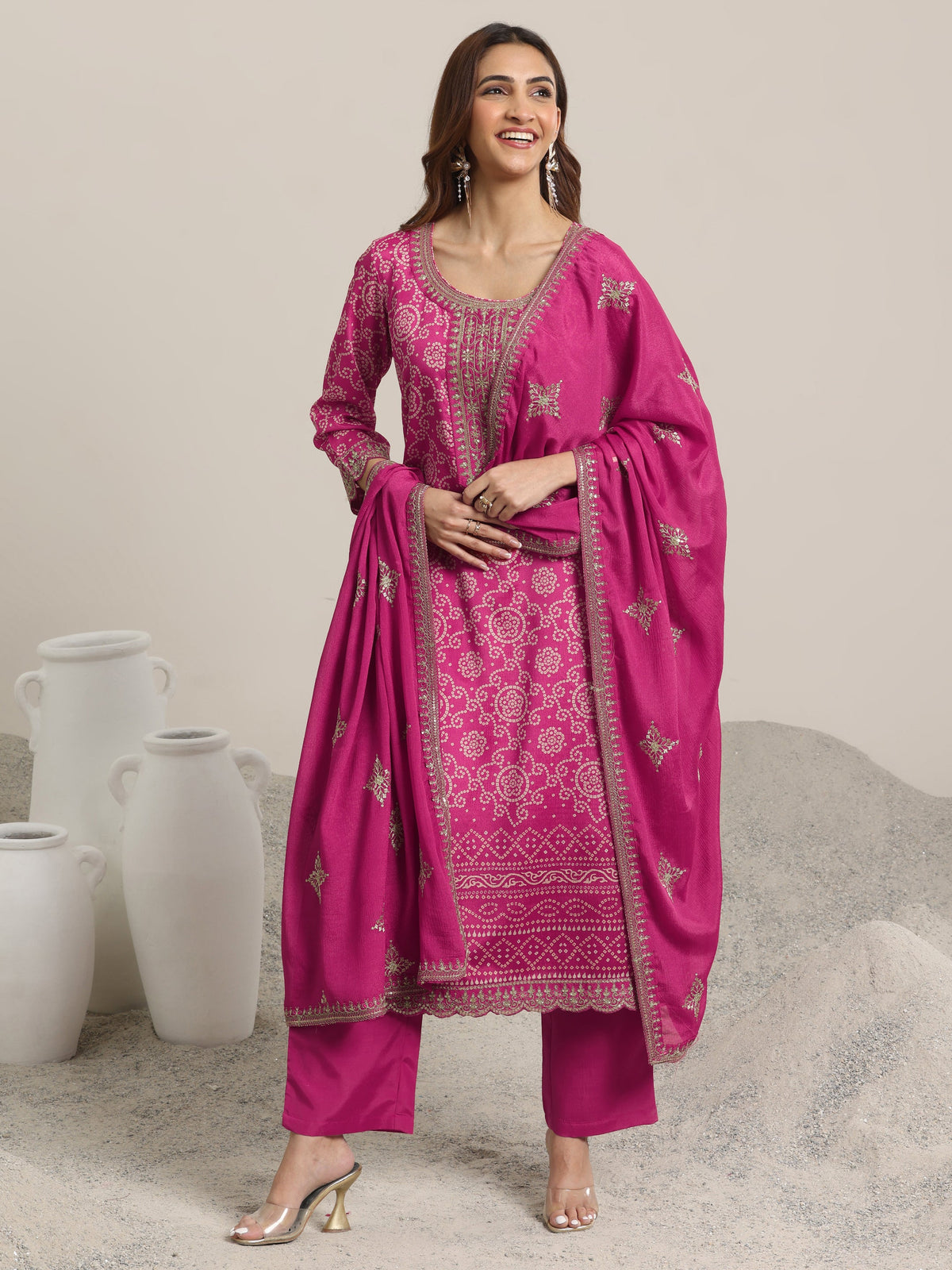 Anouk Pink Printed Chinon Straight Suit Set With Dupatta