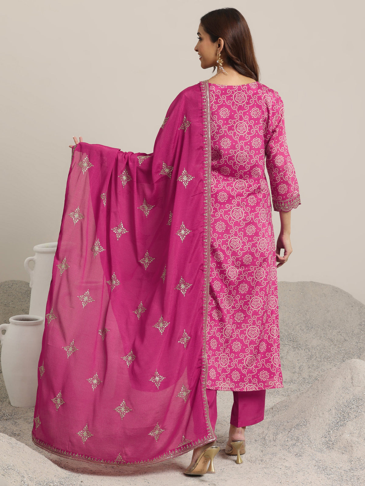 Anouk Pink Printed Chinon Straight Suit Set With Dupatta