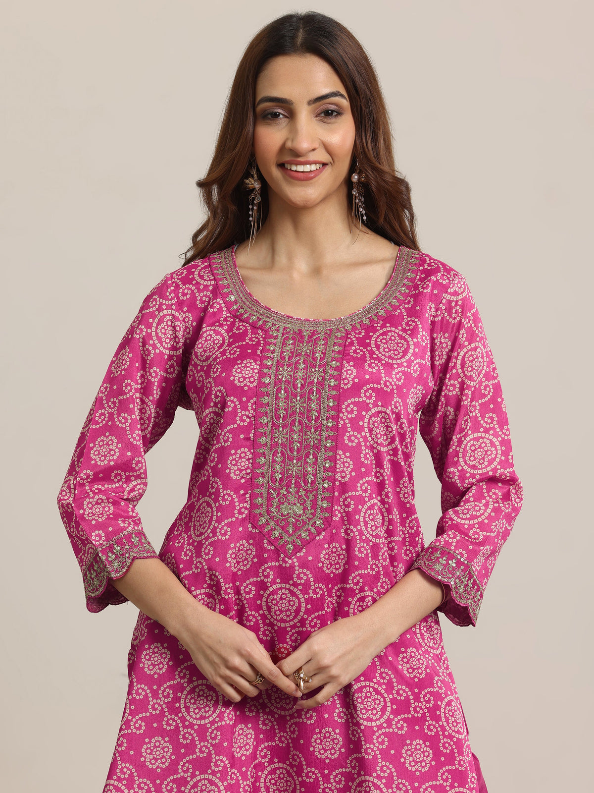Anouk Pink Printed Chinon Straight Suit Set With Dupatta