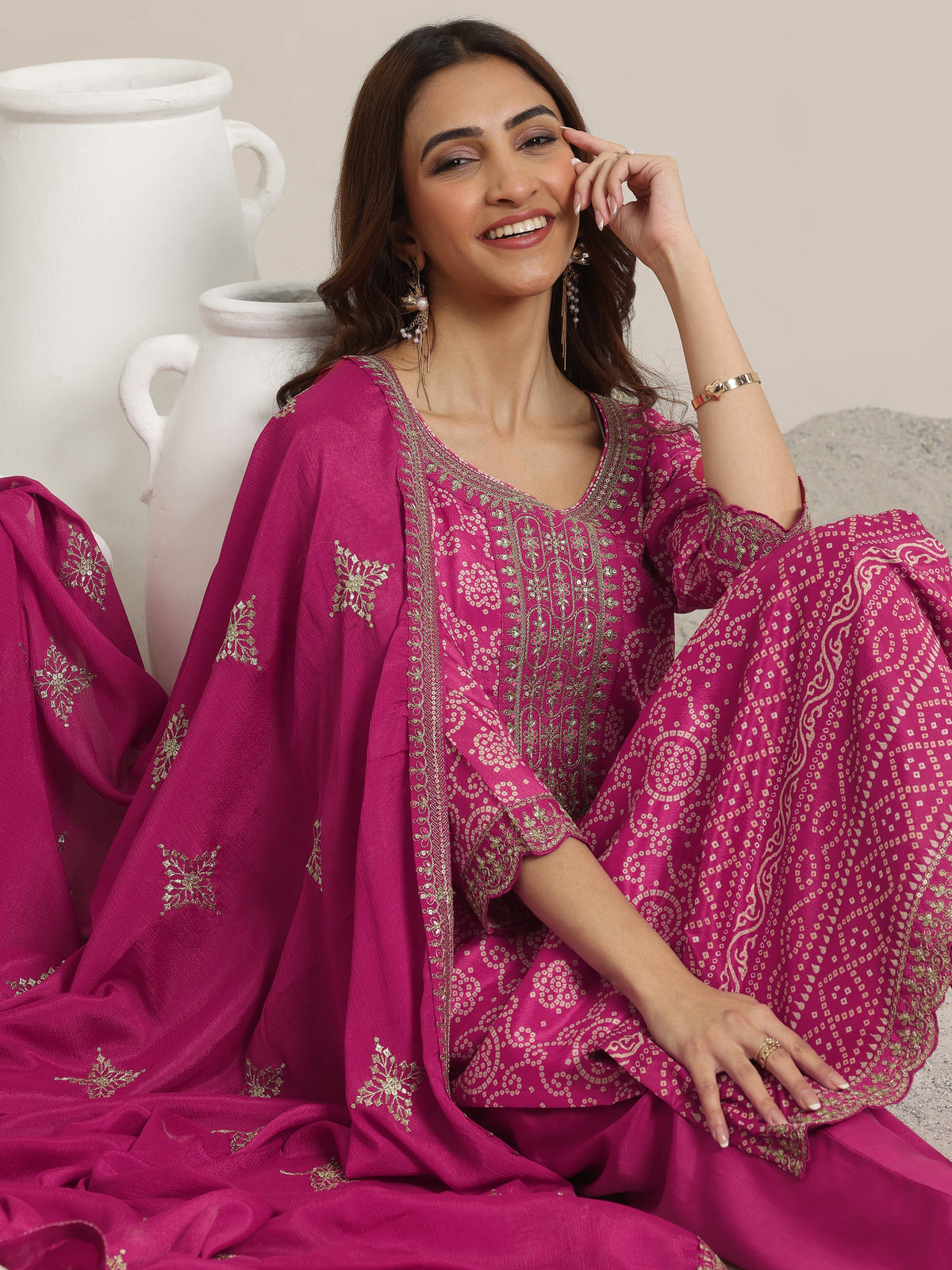 Anouk Pink Printed Chinon Straight Suit Set With Dupatta
