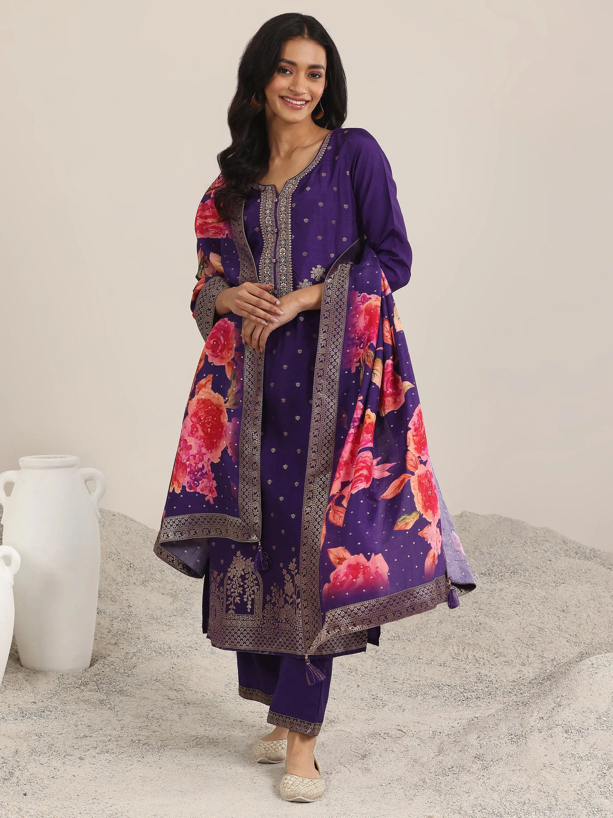 Anouk Purple Woven Design Silk Blend Straight Suit With Dupatta