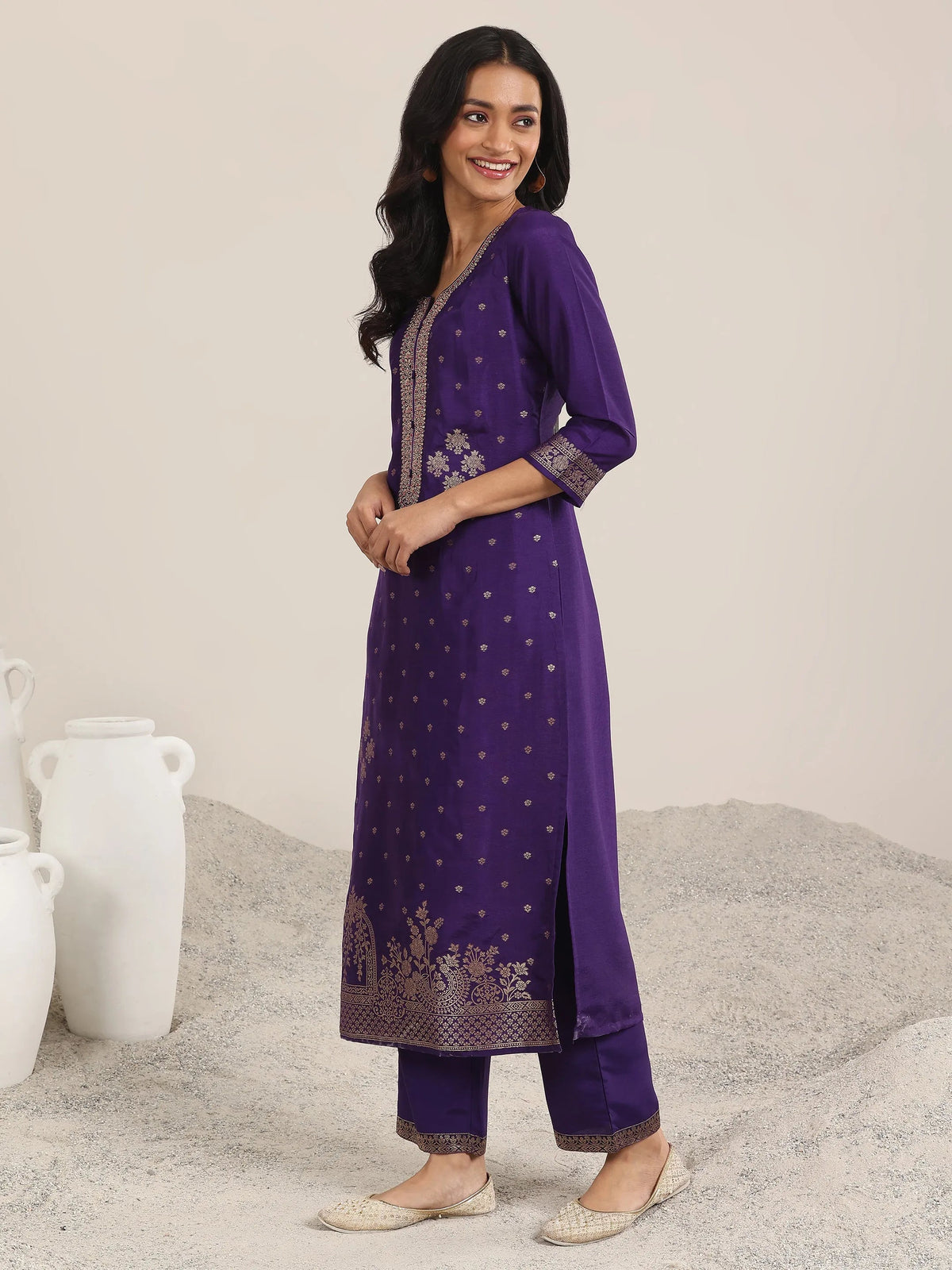 Anouk Purple Woven Design Silk Blend Straight Suit With Dupatta
