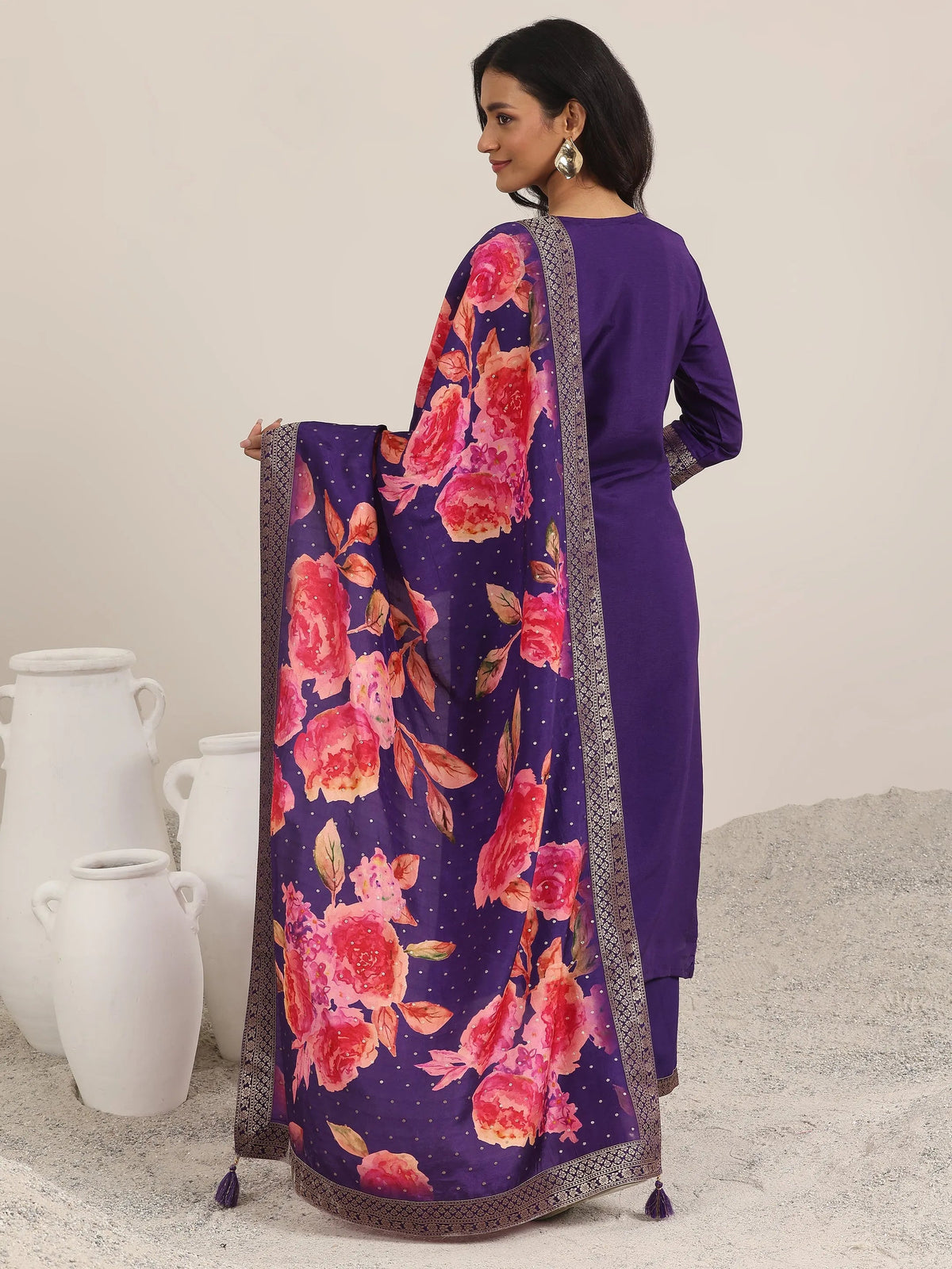 Anouk Purple Woven Design Silk Blend Straight Suit With Dupatta