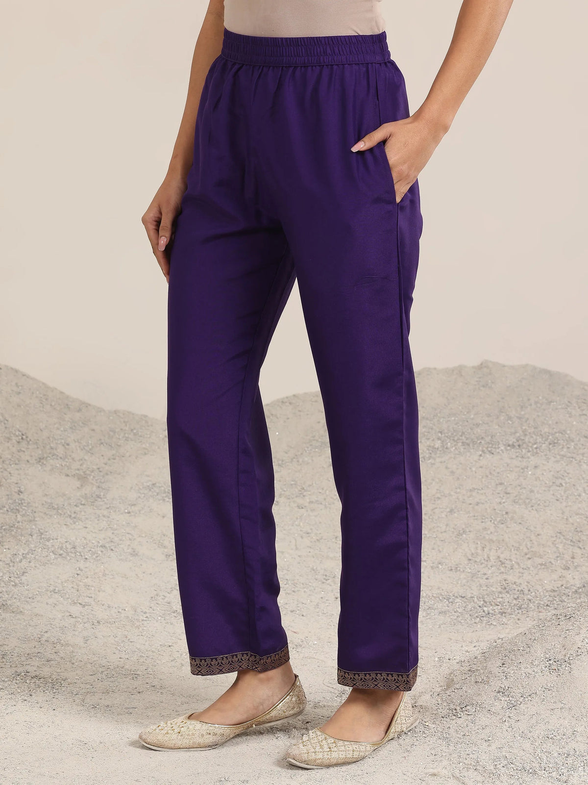 Anouk Purple Woven Design Silk Blend Straight Suit With Dupatta