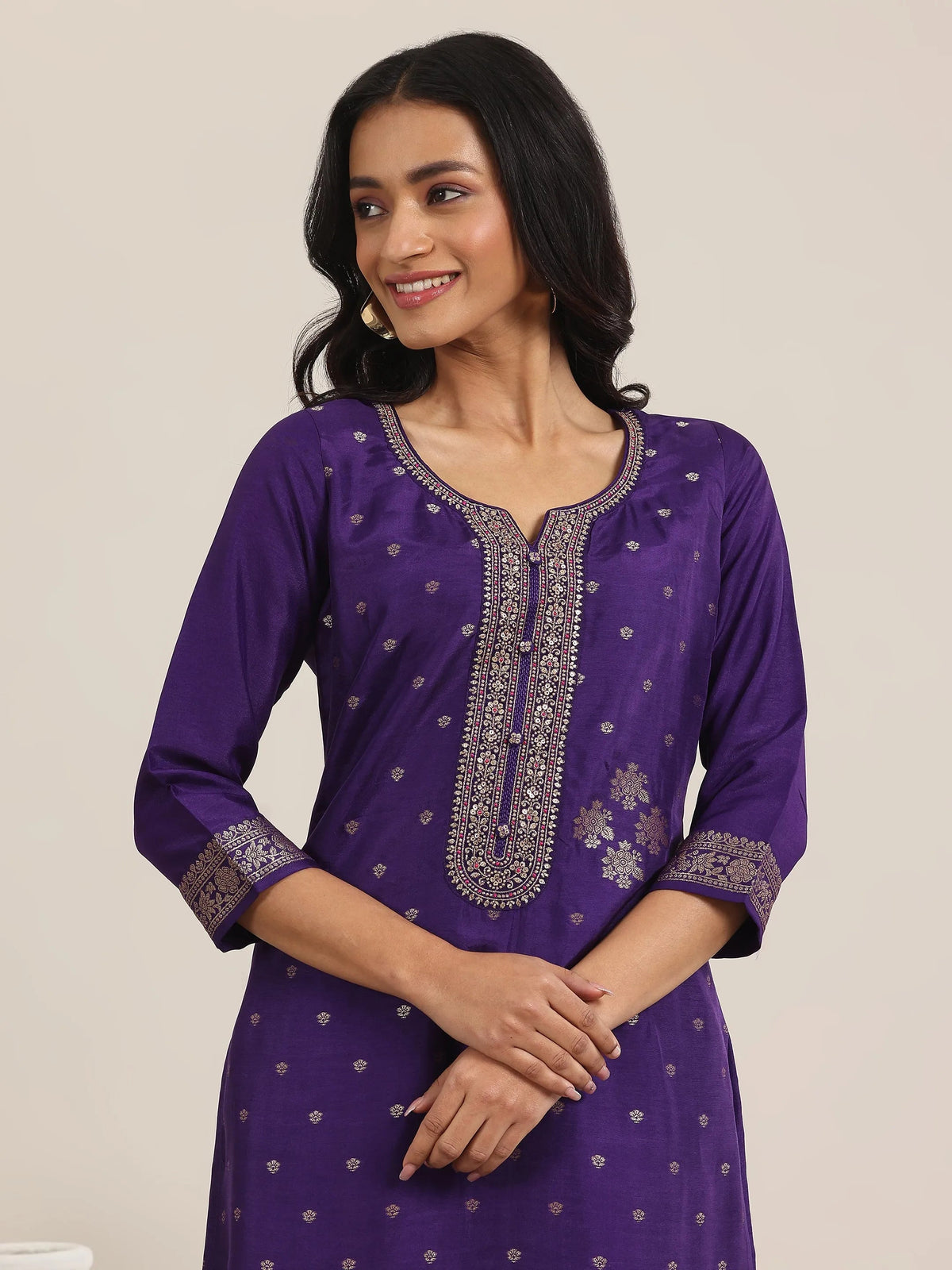 Anouk Purple Woven Design Silk Blend Straight Suit With Dupatta
