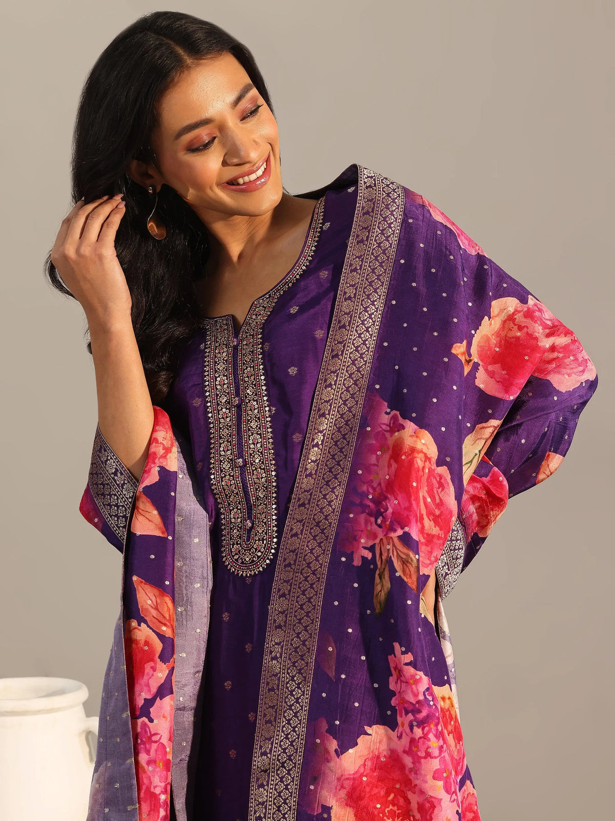 Anouk Purple Woven Design Silk Blend Straight Suit With Dupatta
