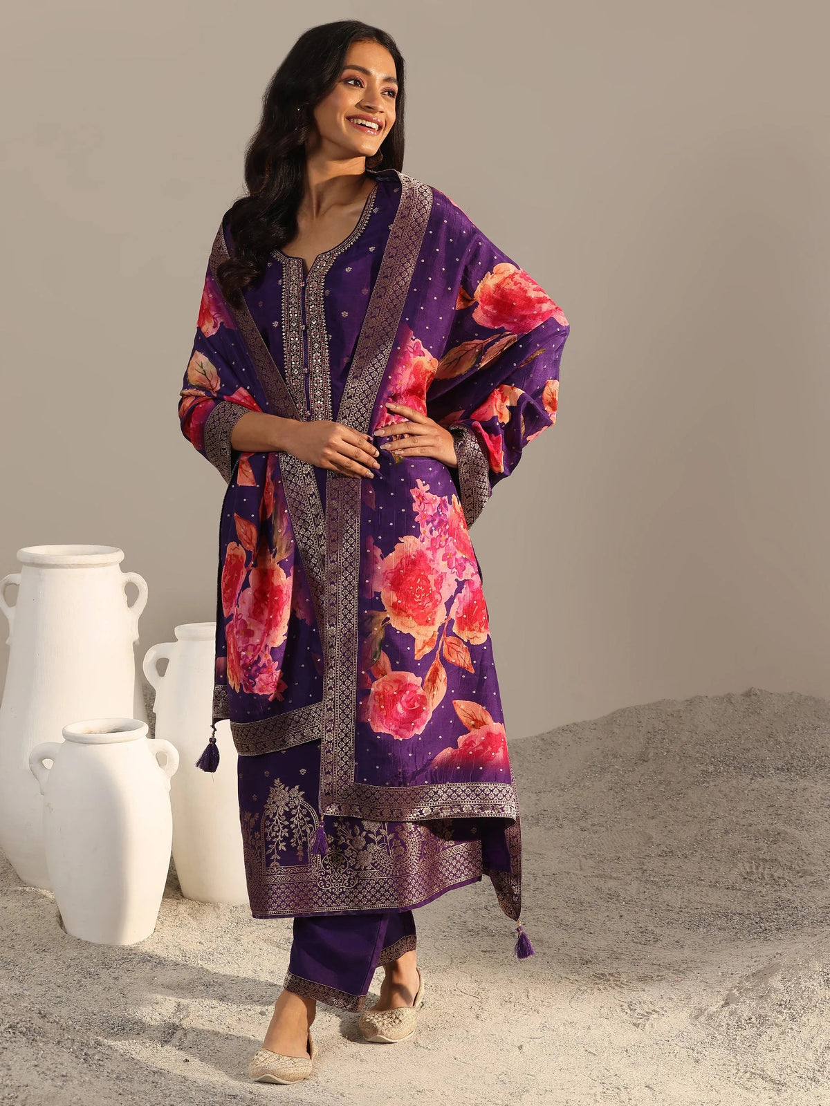 Anouk Purple Woven Design Silk Blend Straight Suit With Dupatta