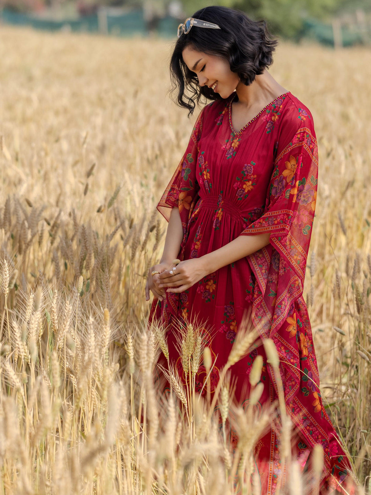 Anouk Maroon Printed Chiffon A-line Kurta Set