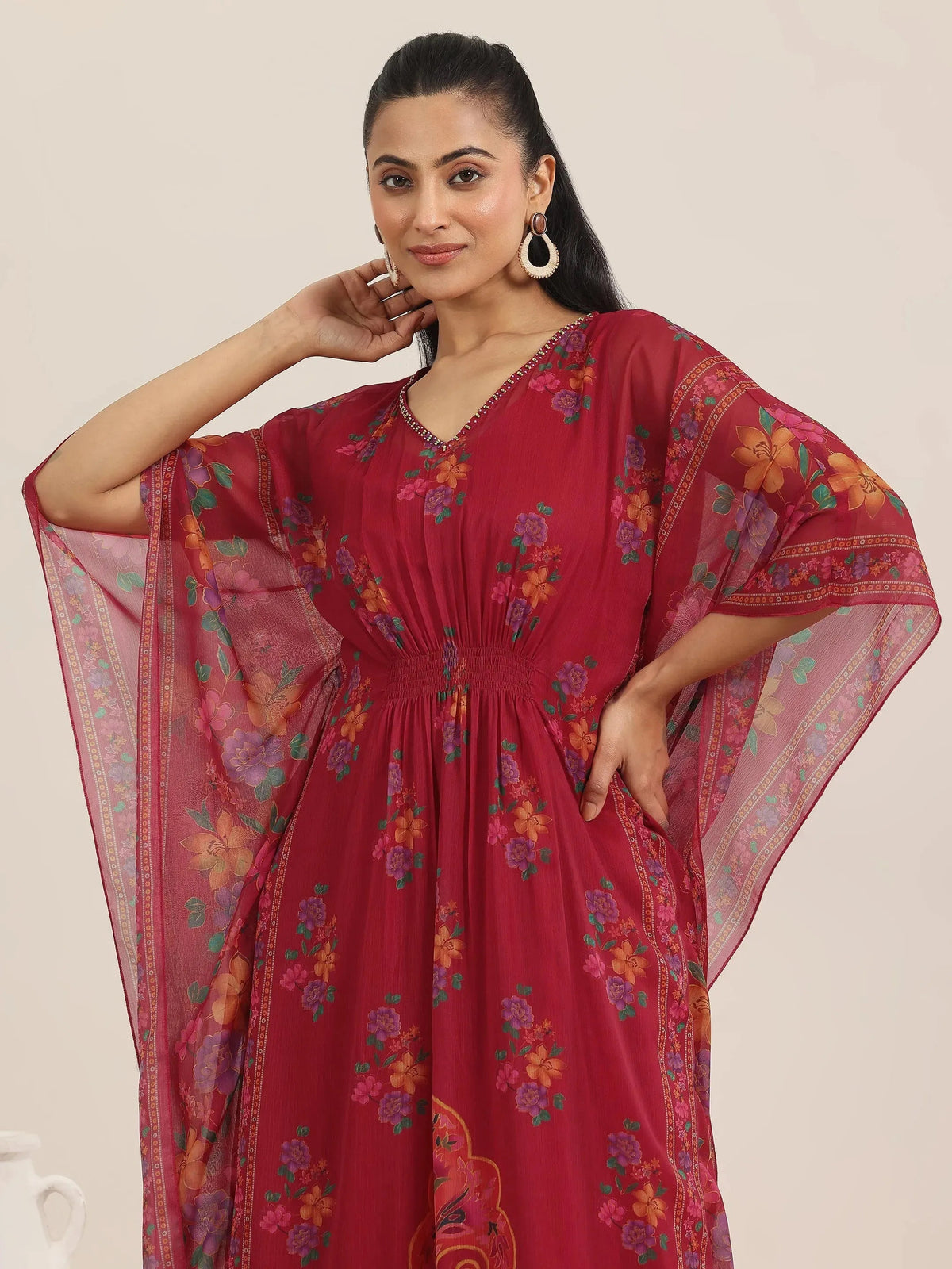 Anouk Maroon Printed Chiffon A-line Kurta Set