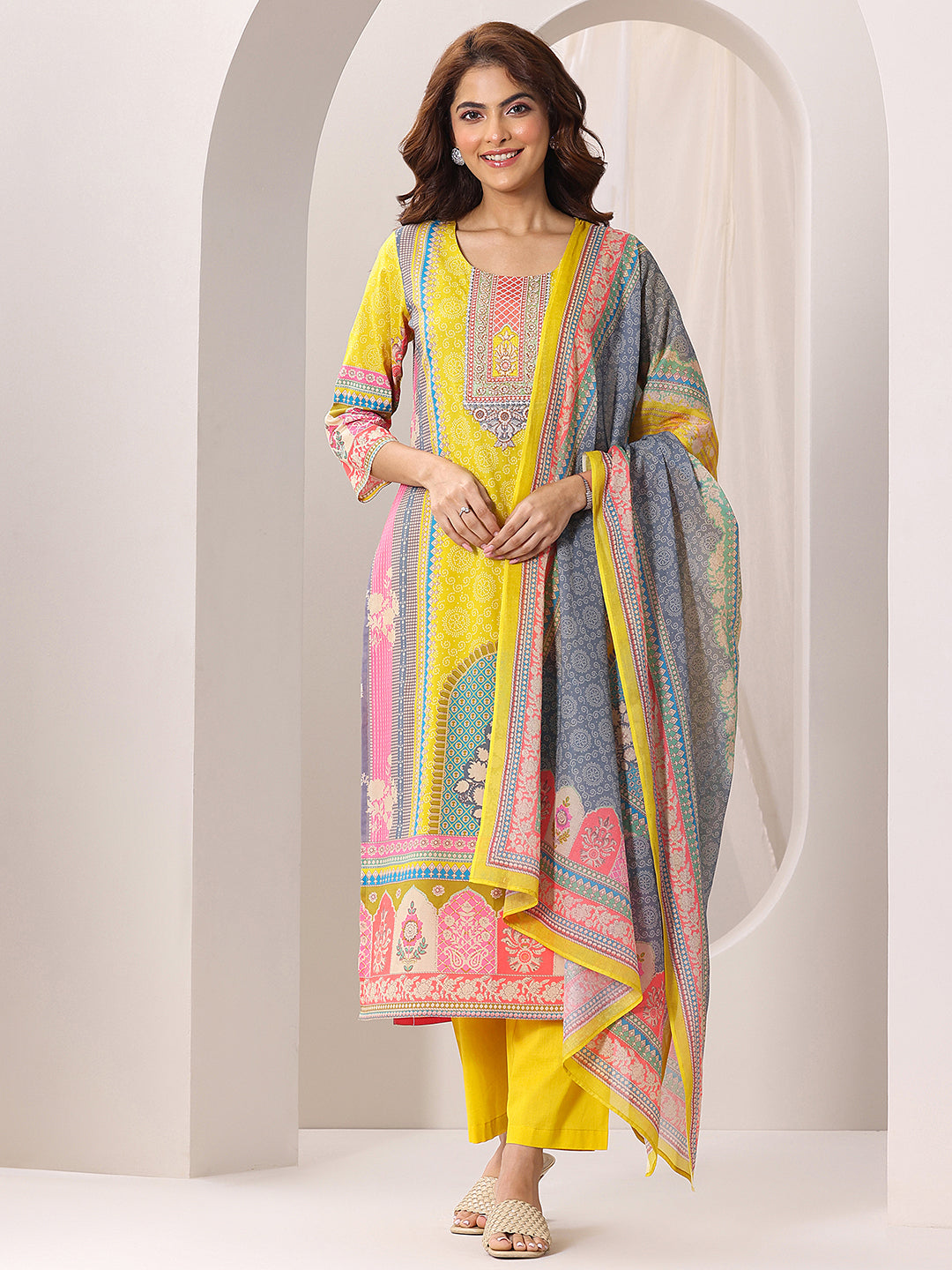 Anouk Yellow Printed Cotton Straight Suit Set With Dupatta
