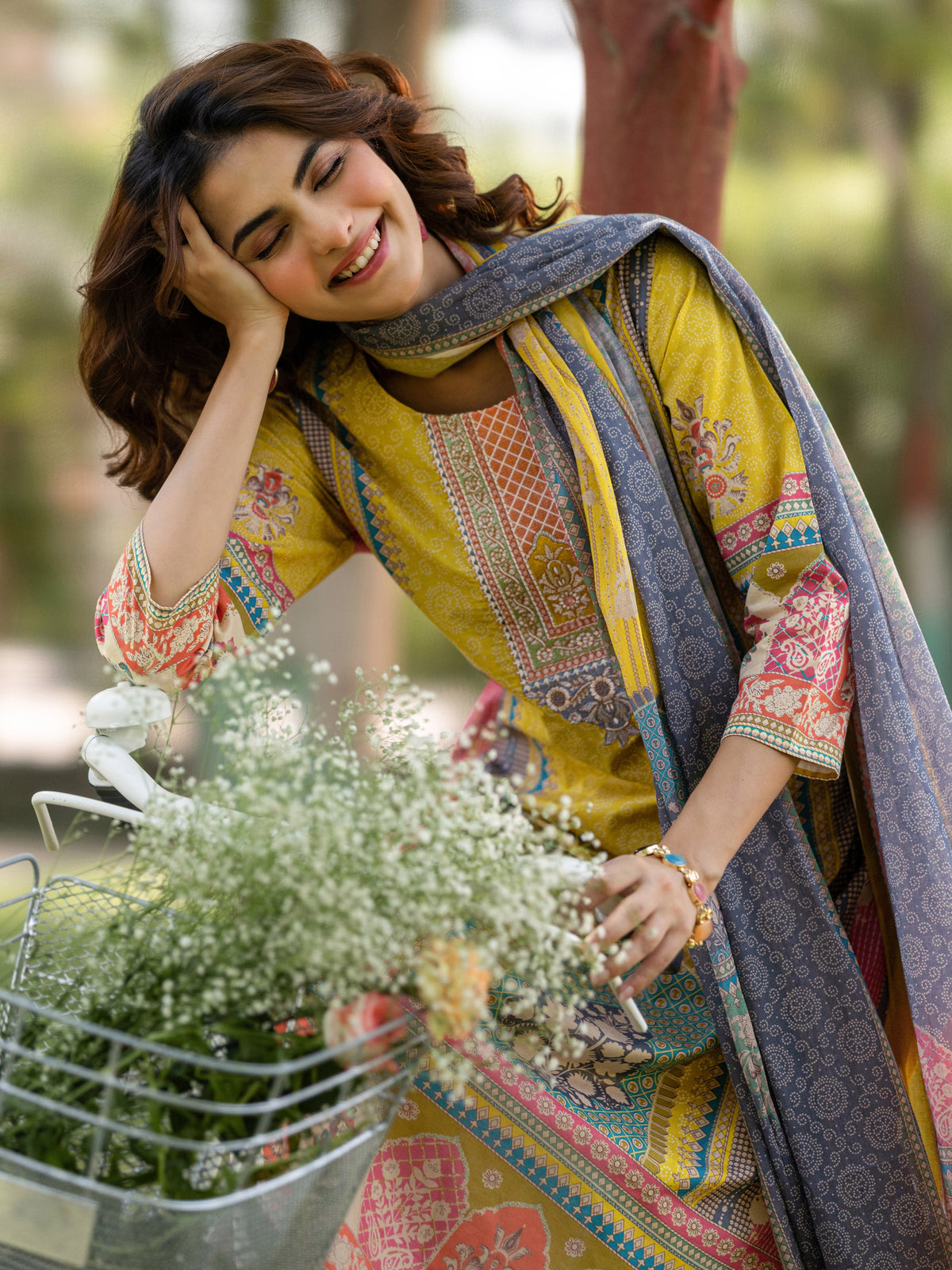 Anouk Yellow Printed Cotton Straight Suit Set With Dupatta