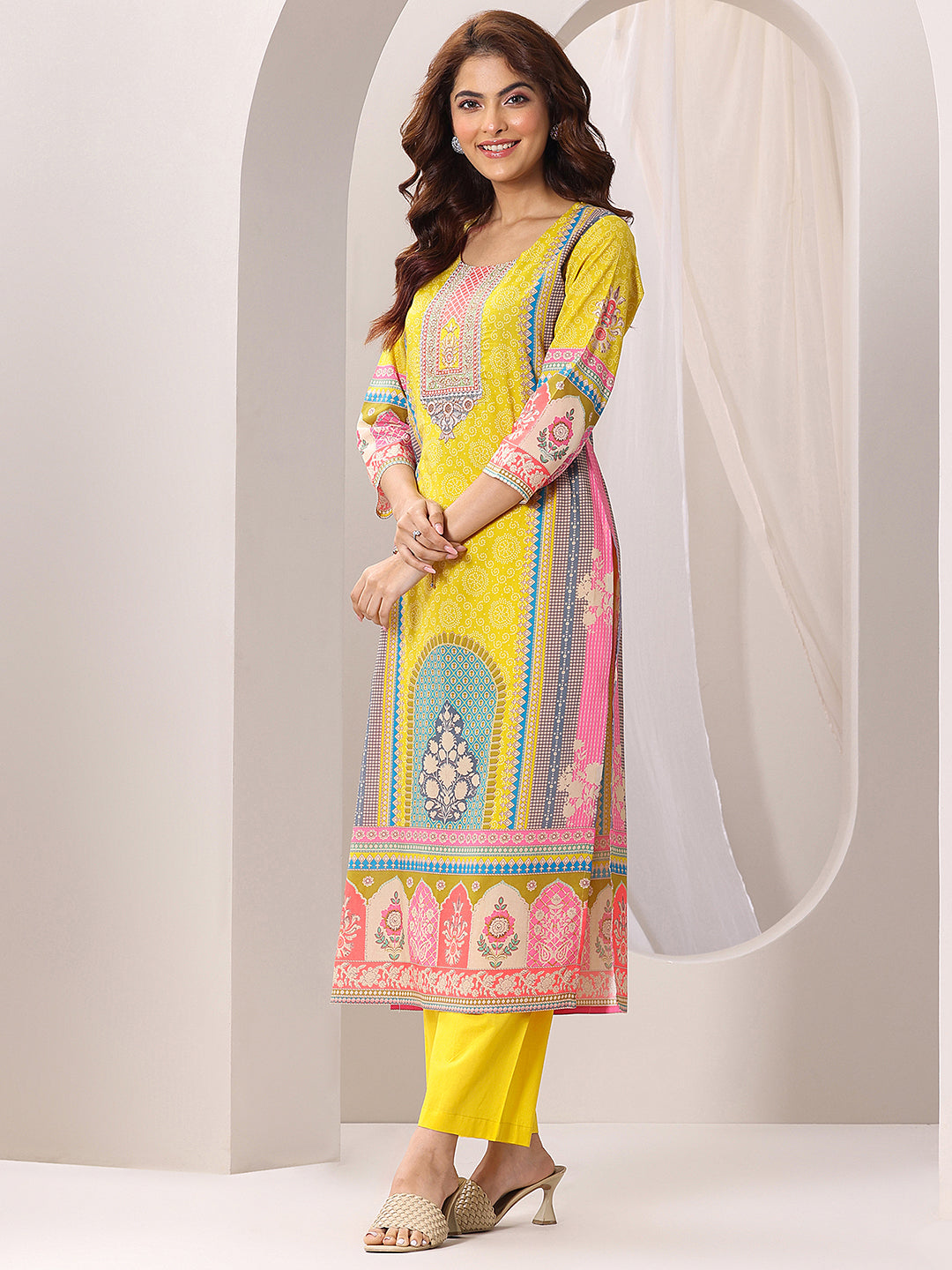 Anouk Yellow Printed Cotton Straight Suit Set With Dupatta