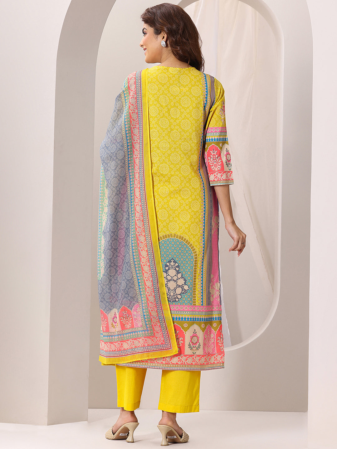 Anouk Yellow Printed Cotton Straight Suit Set With Dupatta