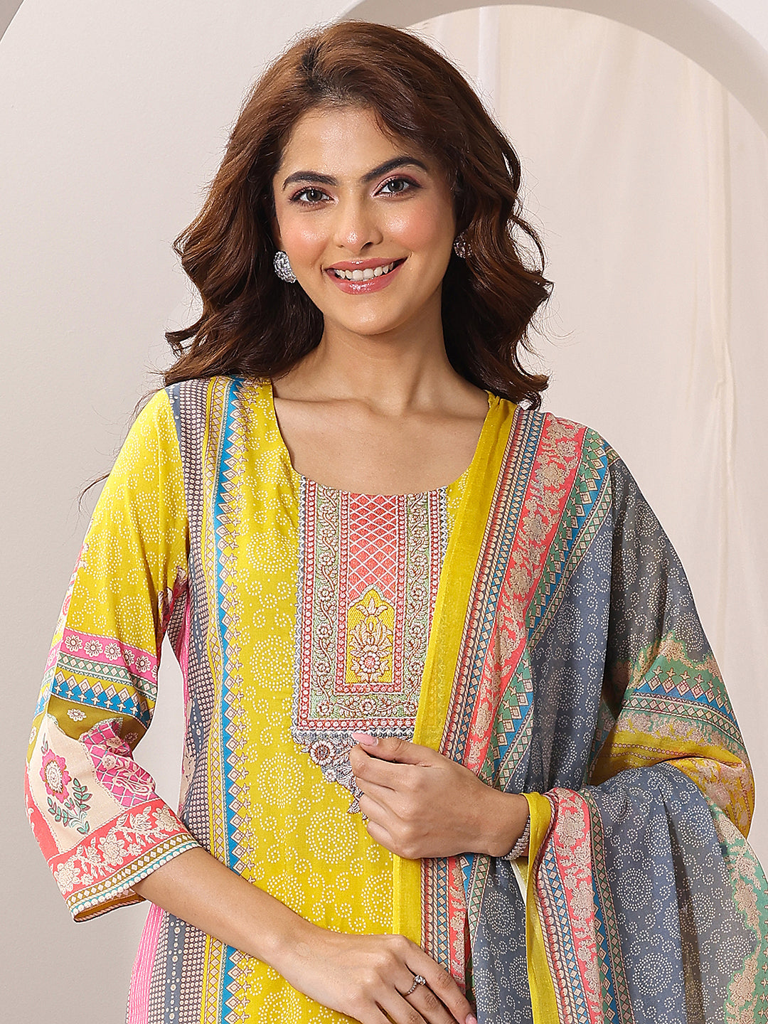 Anouk Yellow Printed Cotton Straight Suit Set With Dupatta