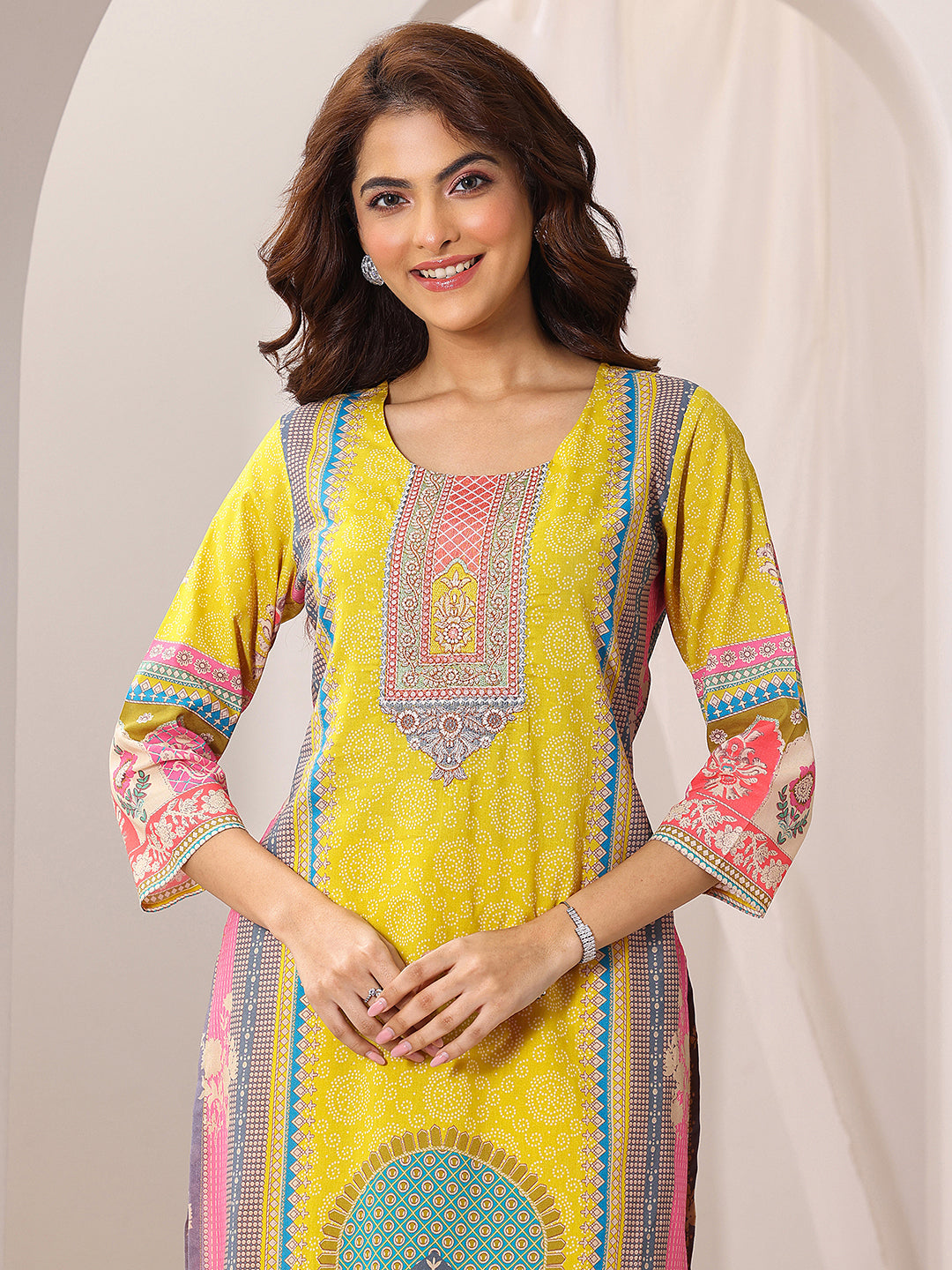 Anouk Yellow Printed Cotton Straight Suit Set With Dupatta