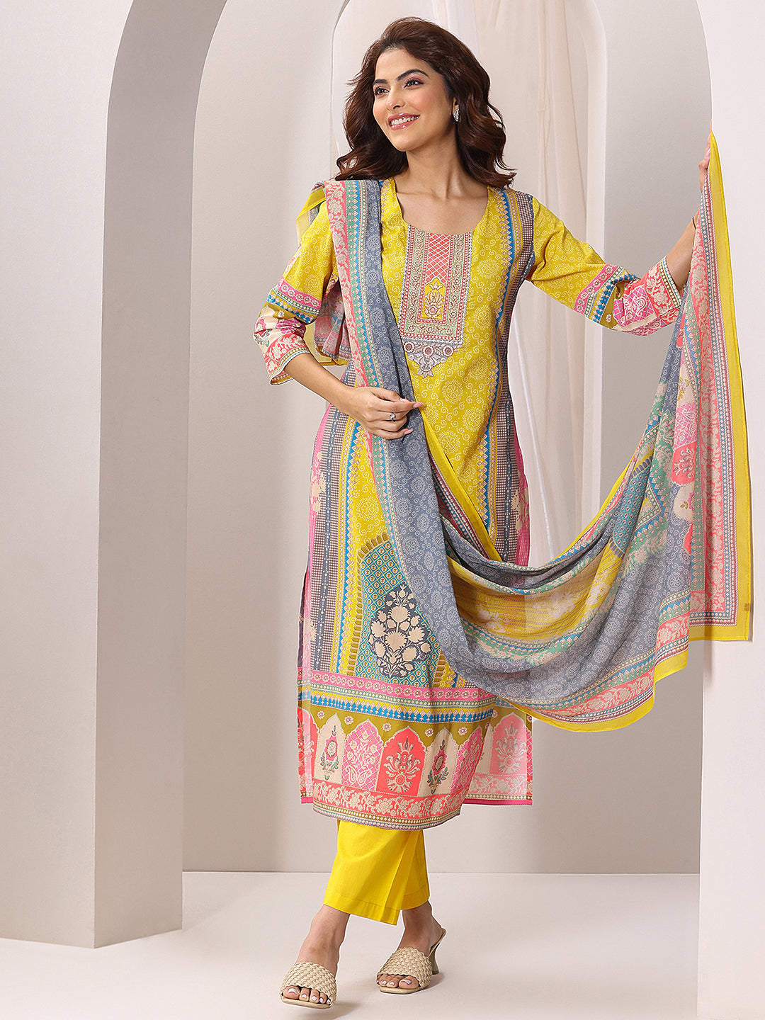 Anouk Yellow Printed Cotton Straight Suit Set With Dupatta