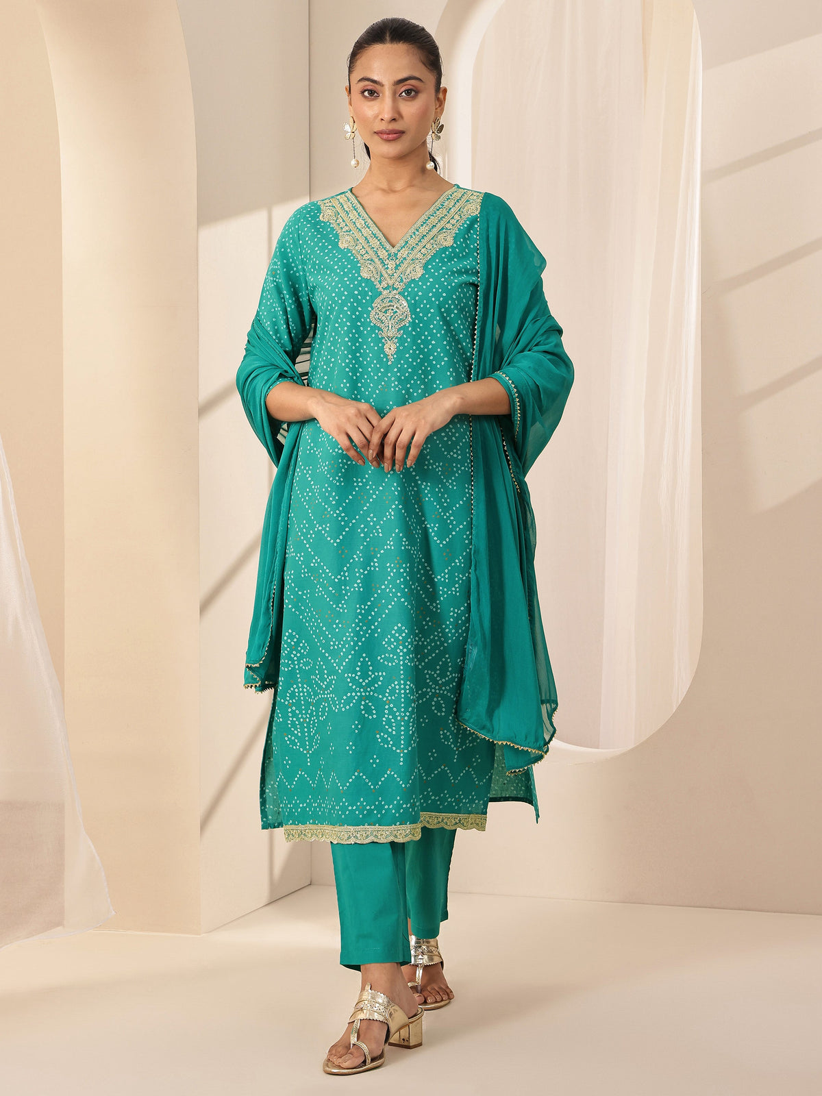 Anouk Turquoise Blue Printed Cotton Straight Suit Sets With Dupatta