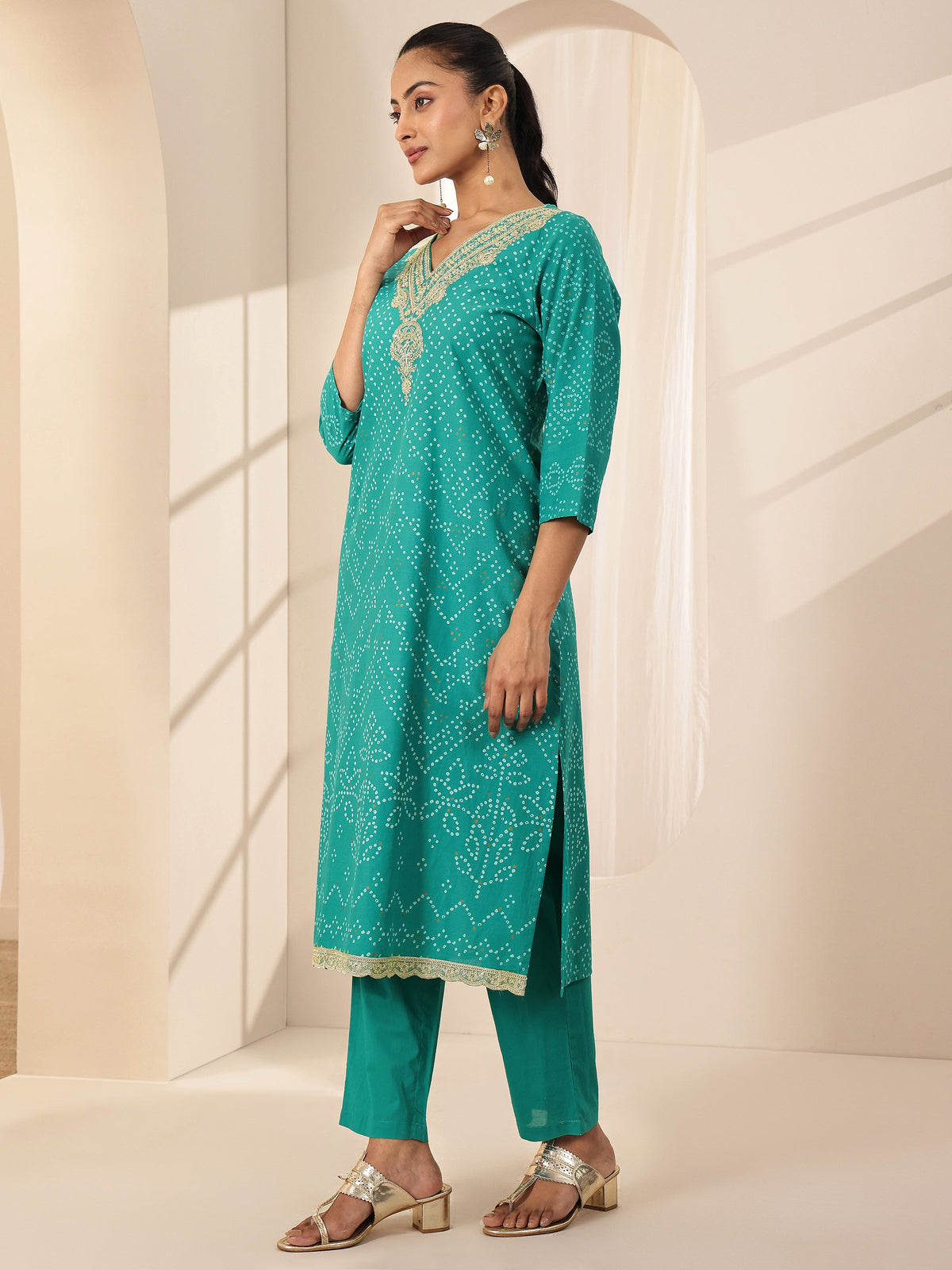 Anouk Turquoise Blue Printed Cotton Straight Suit Sets With Dupatta