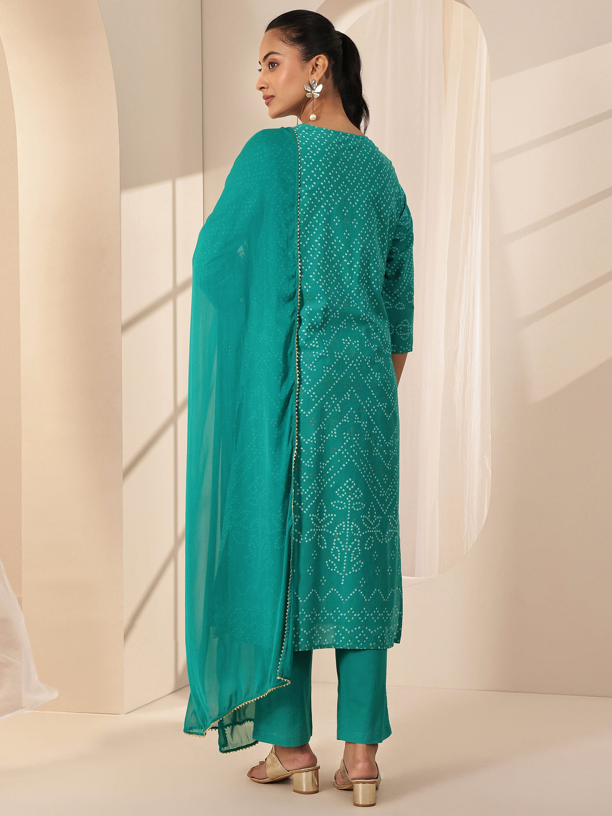 Anouk Turquoise Blue Printed Cotton Straight Suit Sets With Dupatta
